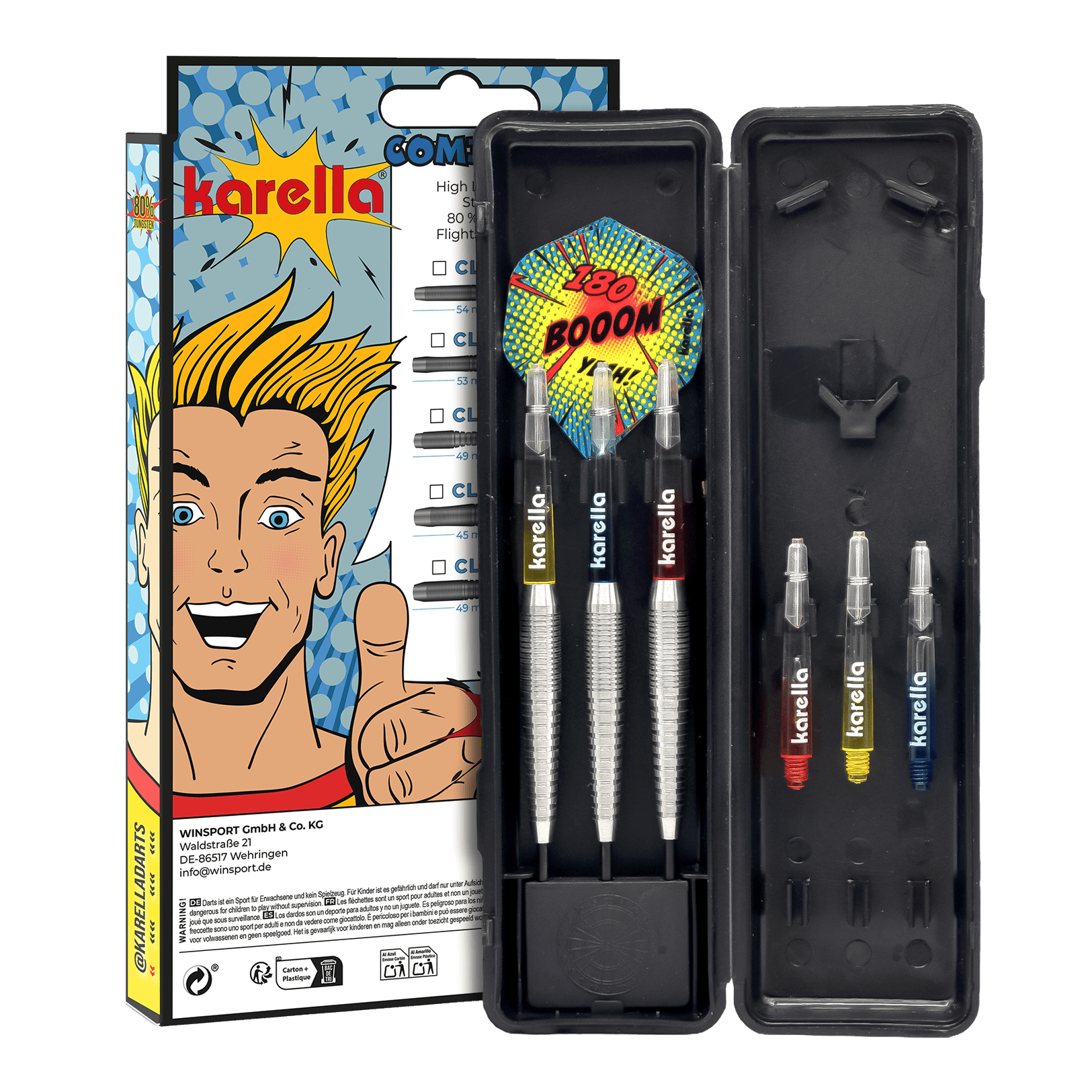 Karella Comic Line CL-5 steel darts - 21g Abgebildet sind die Karella Comic Line CL-5 Steeldarts - 21g. Diese Steeldarts zeichnen sich durch ein Comic-Design aus.