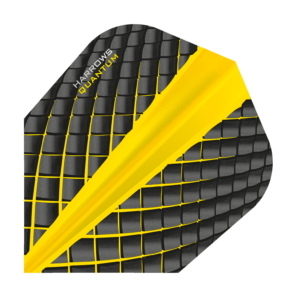 HR6809_Harrows_Quantum_Gelb_No6_Flights_1 Das Bild zeigt das Produkt "Harrows Quantum Gelb No6 Flights". Das Dart-Flight ist schwarz mit einem gelben Muster und hat eine strukturierte Oberfläche.