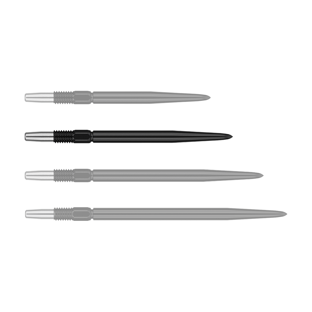 Target Swiss Point Black dart tips Das Bild zeigt vier schwarze Dartspitzen, die nebeneinander liegen. Sie haben einen silbernen metallischen Ansatz und sind unterschiedlich lang.