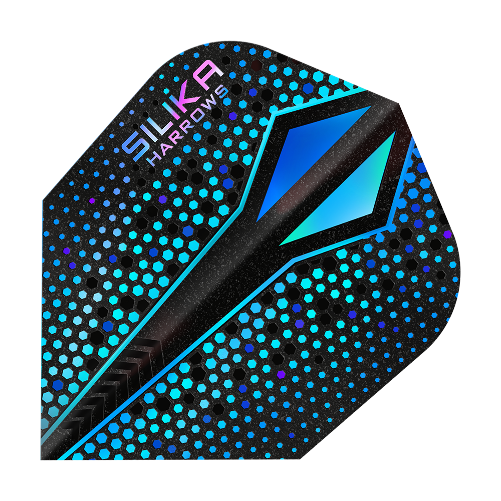 Harrows Silika Colorshift Tough Crystalline Coating Blue-X No6 Flights Das Bild zeigt ein Dart-Flight mit dem Namen "Harrows Silika Colourshift Tough Crystalline Coating Blue-X No6". Das Flight hat ein modernes Design mit blauen und schwarzen hexagonalen Mustern und einer glänzenden Oberfläche.