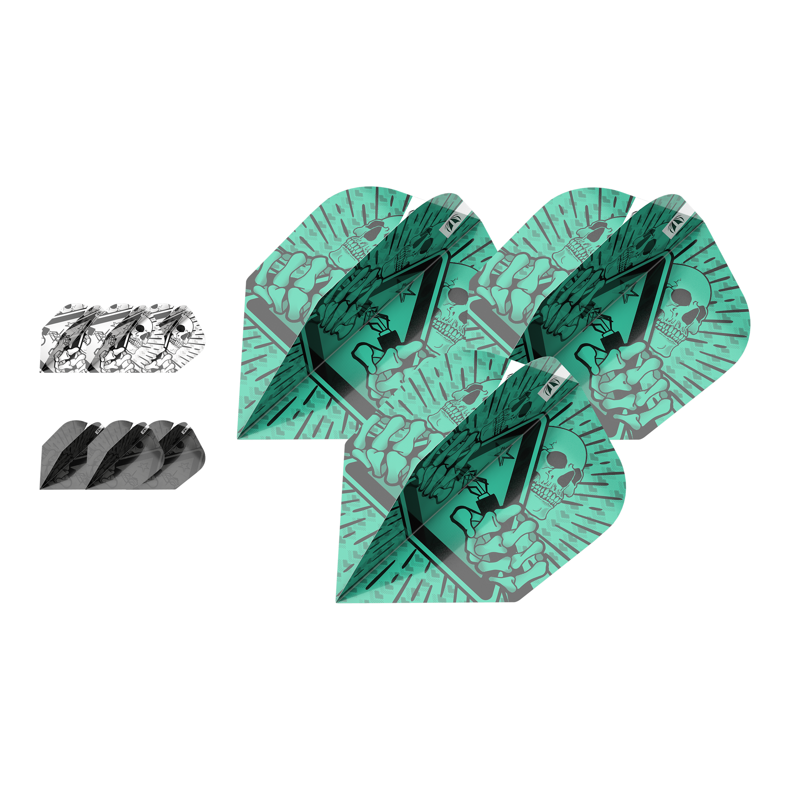 Target Ink Bundle 3 Sets Rob Cross No6 Flights Das Bild zeigt drei verschiedene Sets von Dartflights aus dem "Target Ink Bundle 3 Sets Rob Cross No6 Flights". Die Flights haben auffällige Designs in Grün, Schwarz und Weiß mit grafischen Motiven.