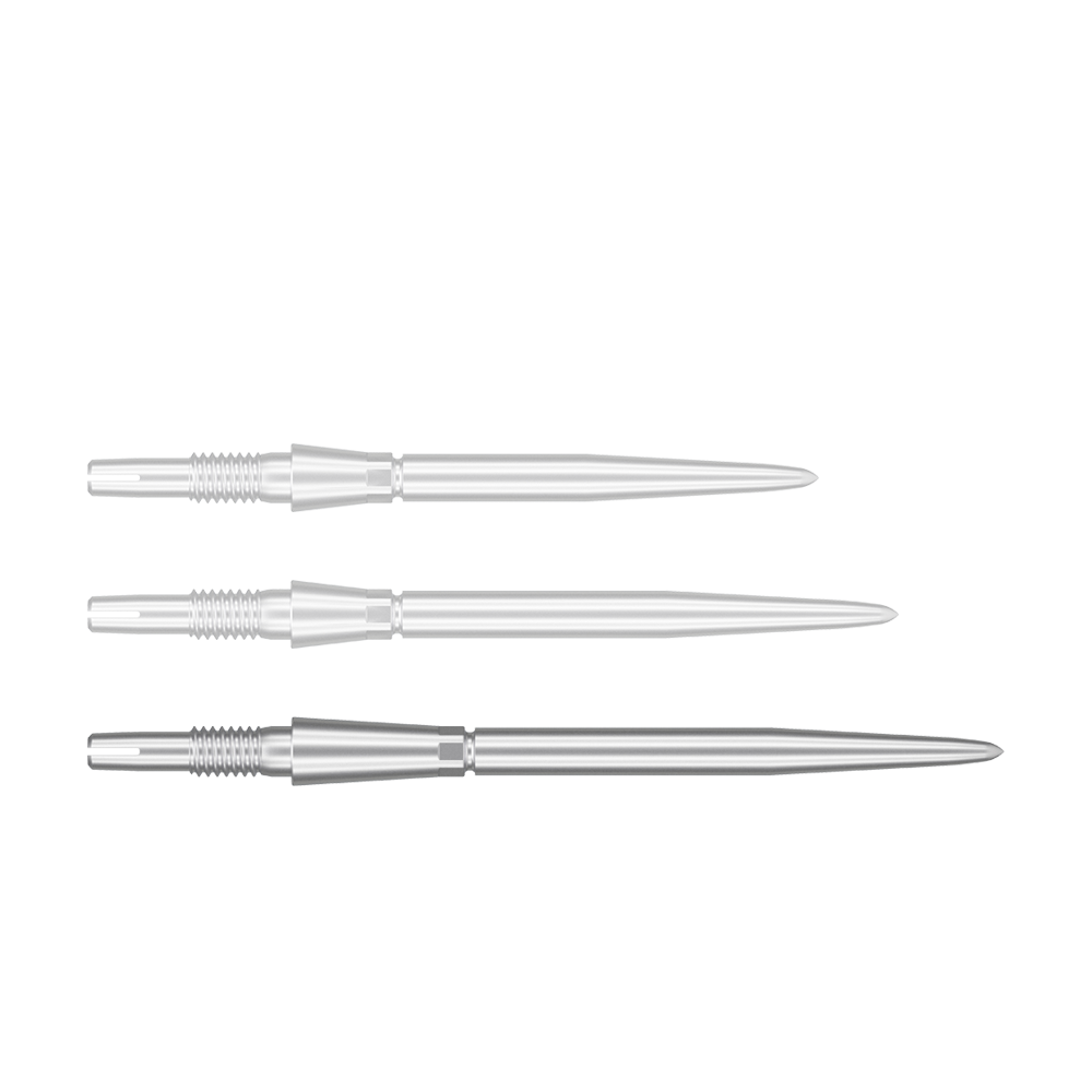 Target Swiss Storm Point dart tips - silver Das Bild zeigt drei silberne Dartspitzen in einer Reihe. Sie sind schlank, spitz zulaufend und identisch gestaltet.