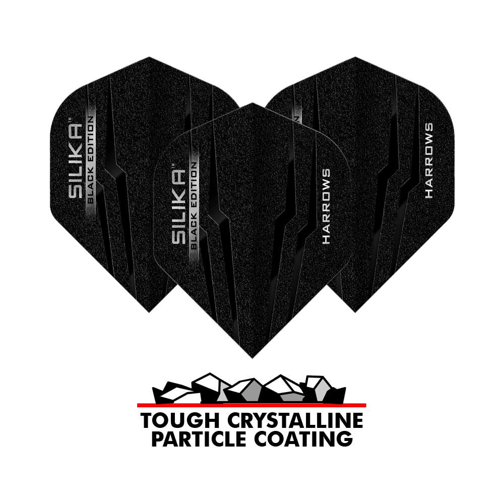 Harrows Silika Black Edition No2 Standard Flights Das Bild zeigt drei schwarze Harrows Silika Black-Edition No2 Standard Flights. Unten steht der Schriftzug „Tough Crystalline Particle Coating“ mit einer Grafik von Kristallen.