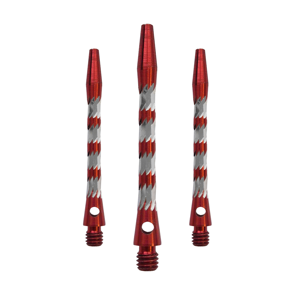 Bulls NL Minor Aluminum Shafts - Red - 46 mm Bulls NL Minor Aluminium Shafts in Rot, 46 mm lang. Das Bild zeigt ein Set roter Aluminiumschäfte für Dartpfeile.