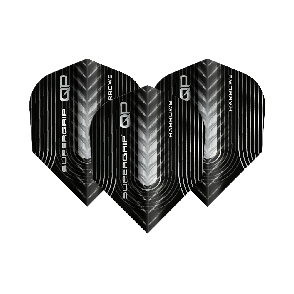 Harrows Supergrip QP No6 Flights sind Dartflights mit besonderem Design. Dieses Bild zeigt ein Set dieser Flights.