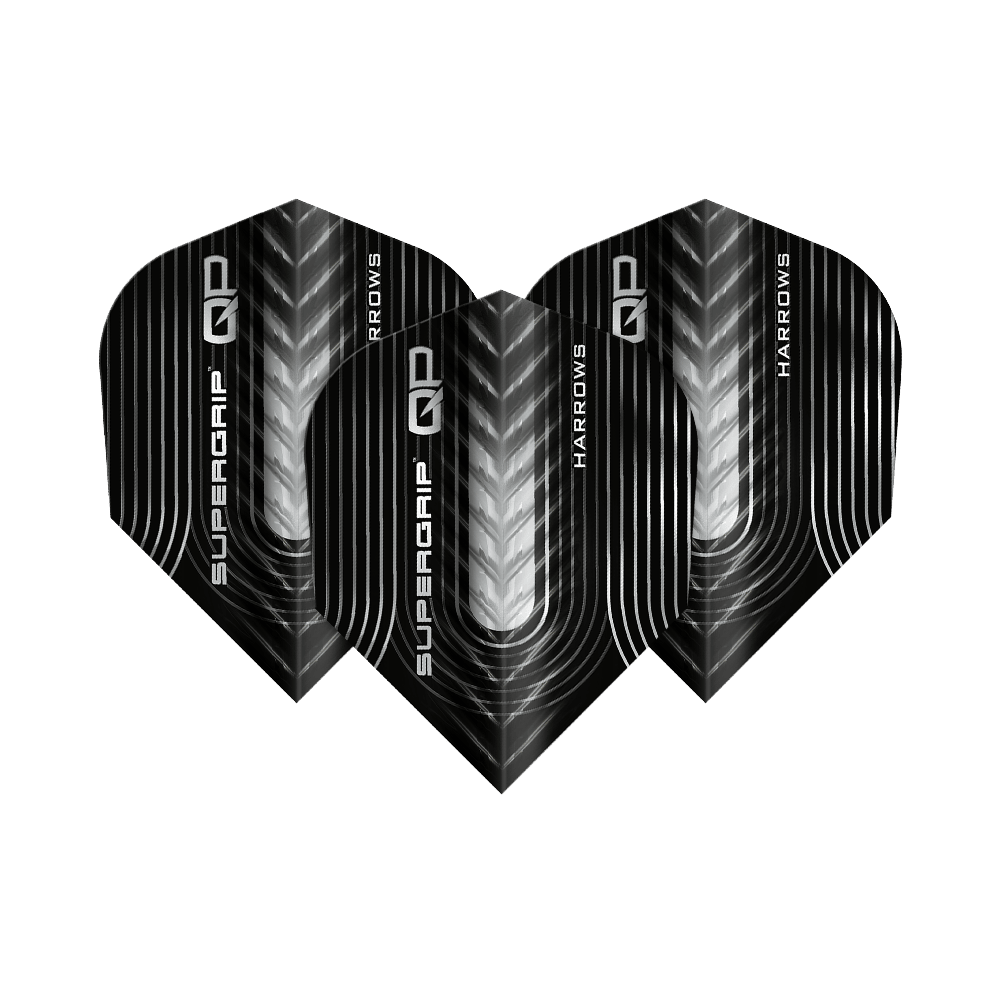 Harrows Supergrip QP No6 Flights Harrows Supergrip QP No6 Flights sind Dartflights mit besonderem Design. Dieses Bild zeigt ein Set dieser Flights.