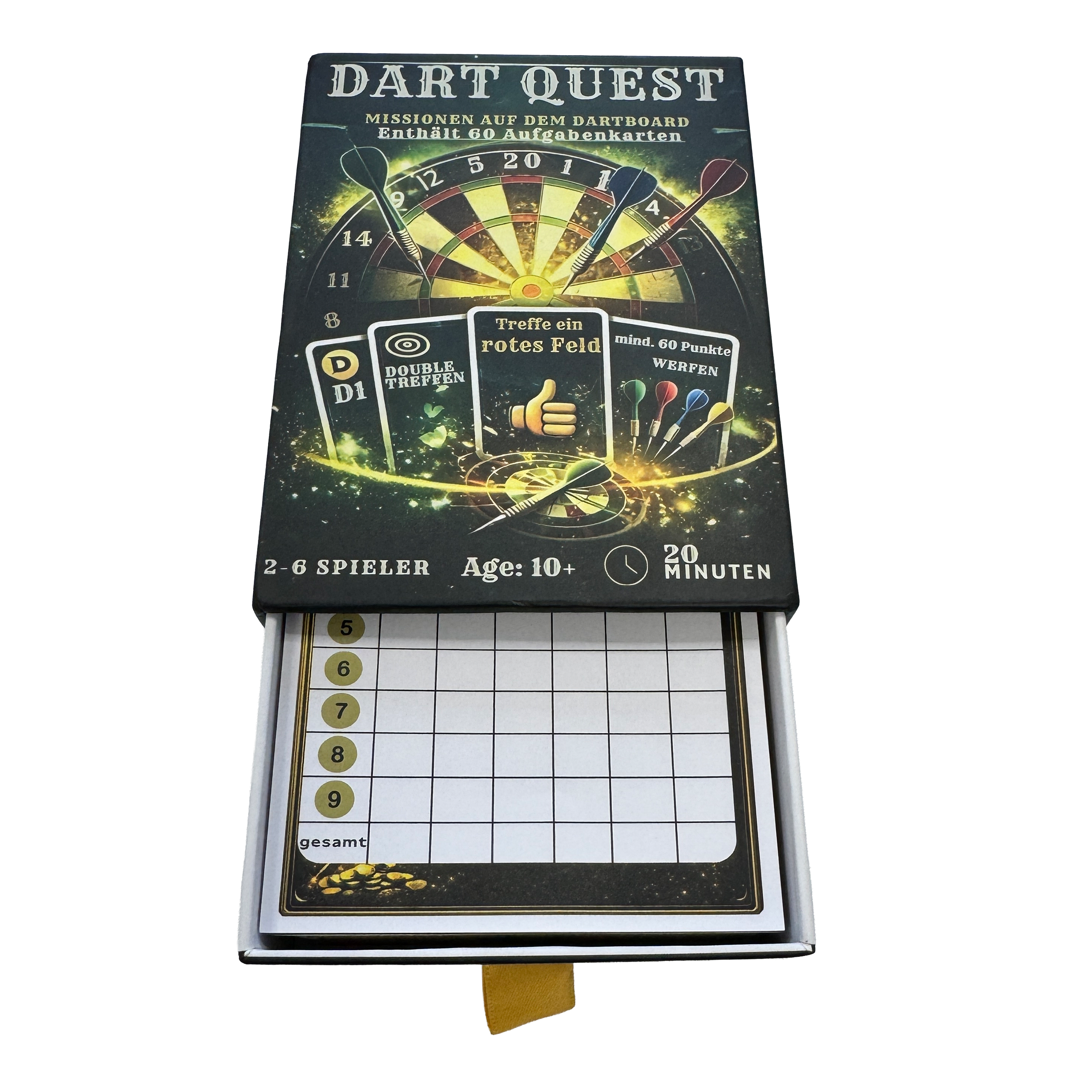 Dart Quest card game Hier wird das Dart Quest Kartenspiel gezeigt. Es ist ein spannendes Kartenspiel für Dart-Fans.