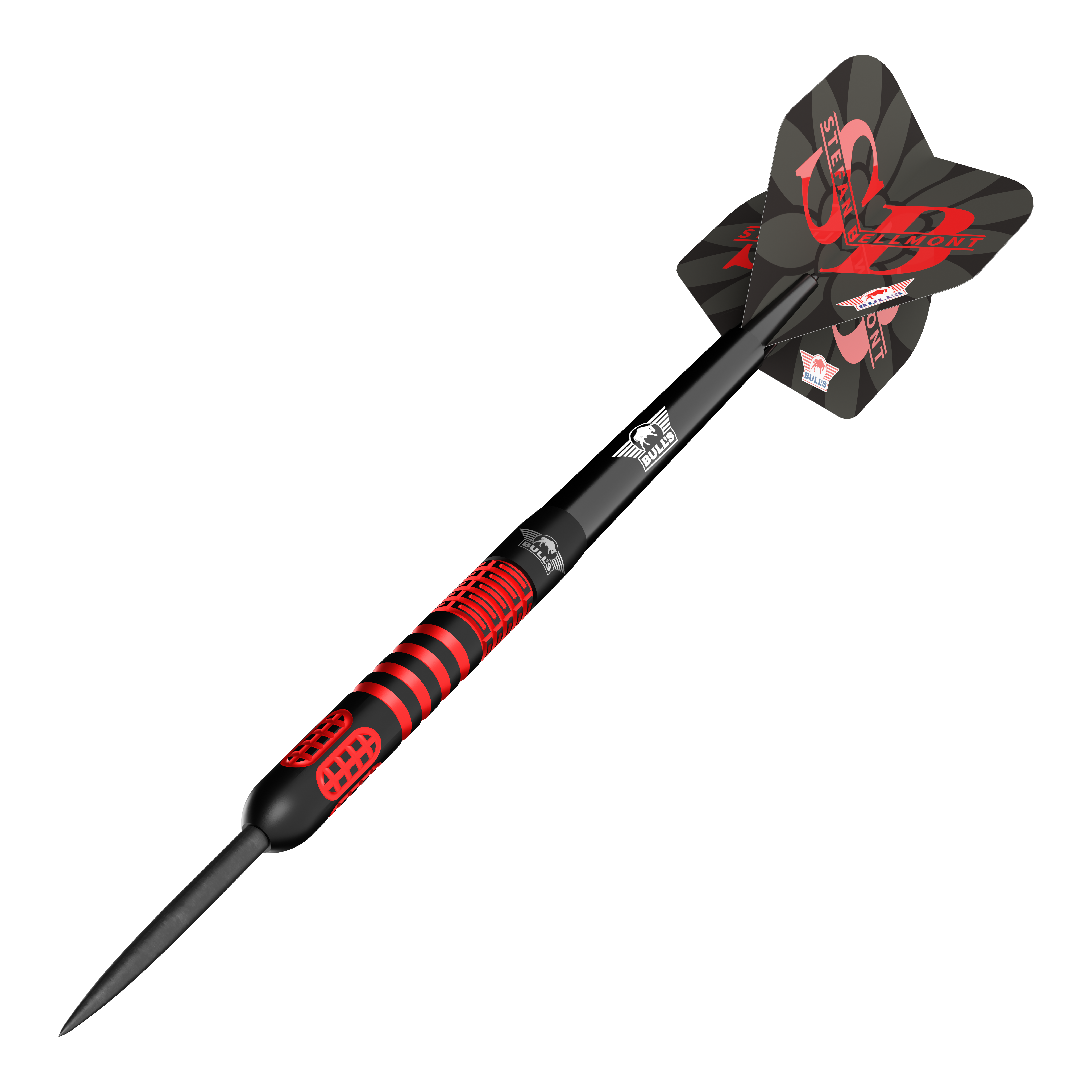 Hier sieht man die Bulls NL Stefan Bellmont 90 Steeldarts mit einem Gewicht von 23 Gramm. Sie eignen sich besonders für ambitionierte Steeldartspieler.