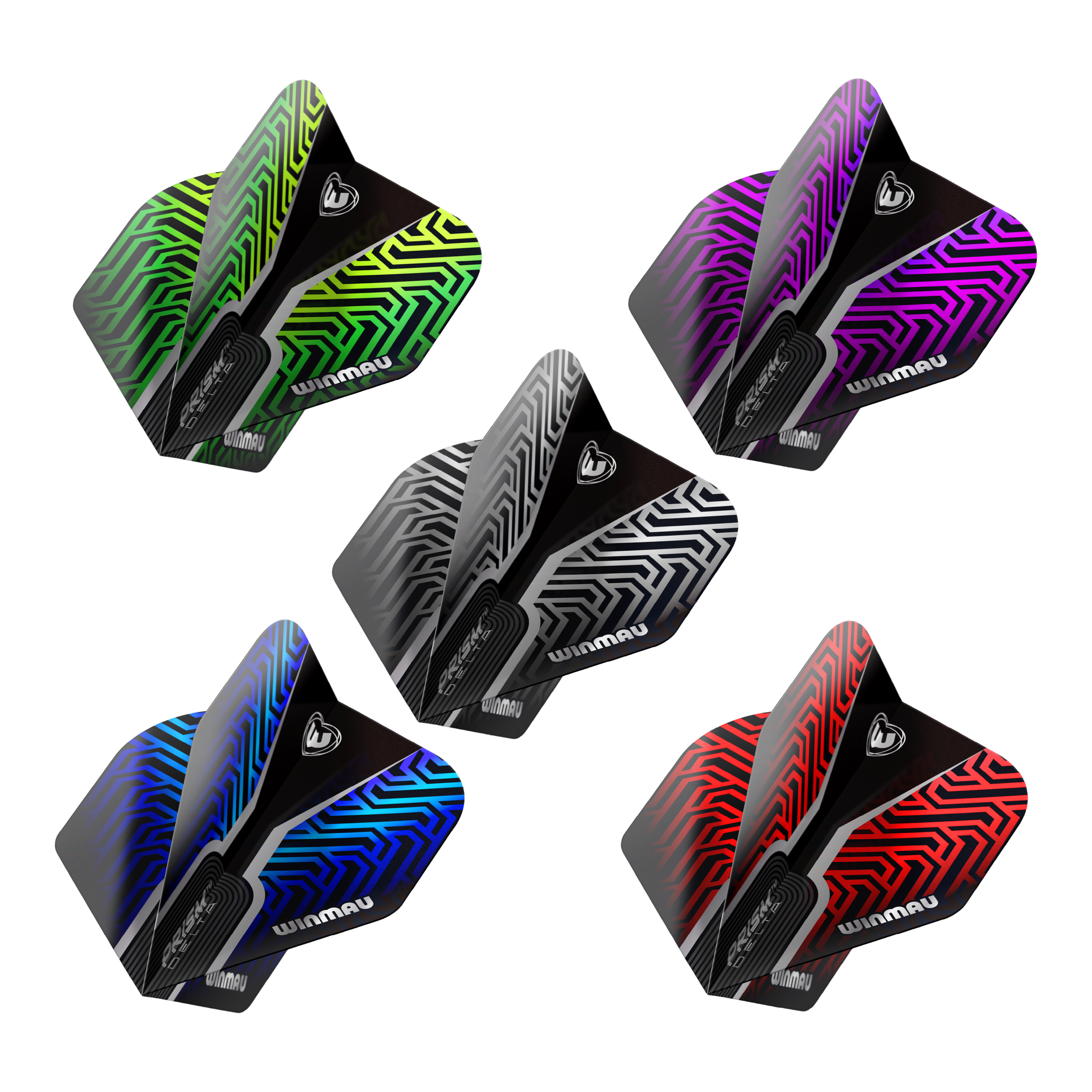 Abgebildet ist die Winmau Prism Delta No2 Standard Flight Collection. Die Flights sind für Dartpfeile konzipiert.