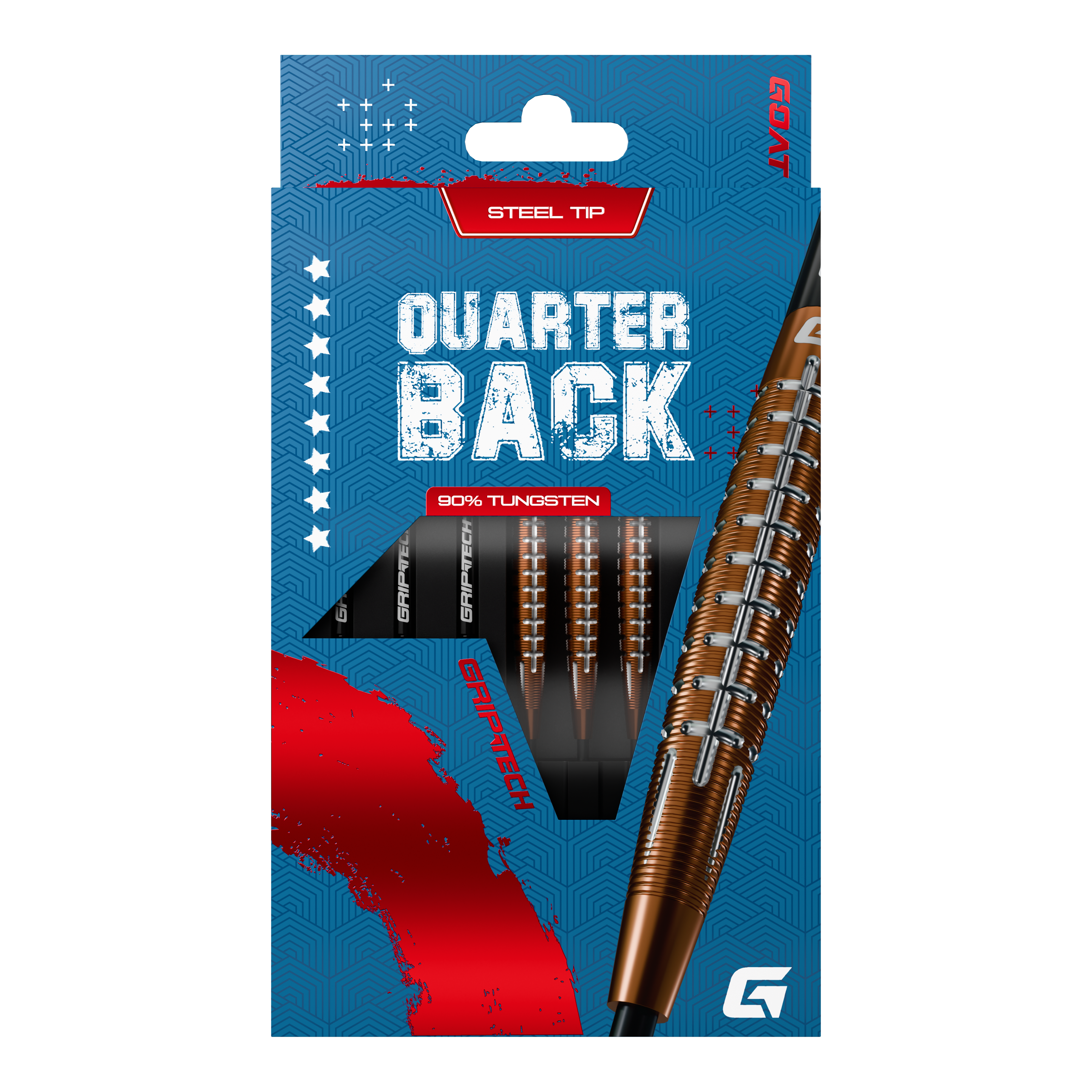 Das Bild zeigt die GOAT Quarterback V1 Tungsten Steeldarts in einer blauen Verpackung. Die Darts bestehen zu 90% aus Tungsten und haben eine Stahlspitze.