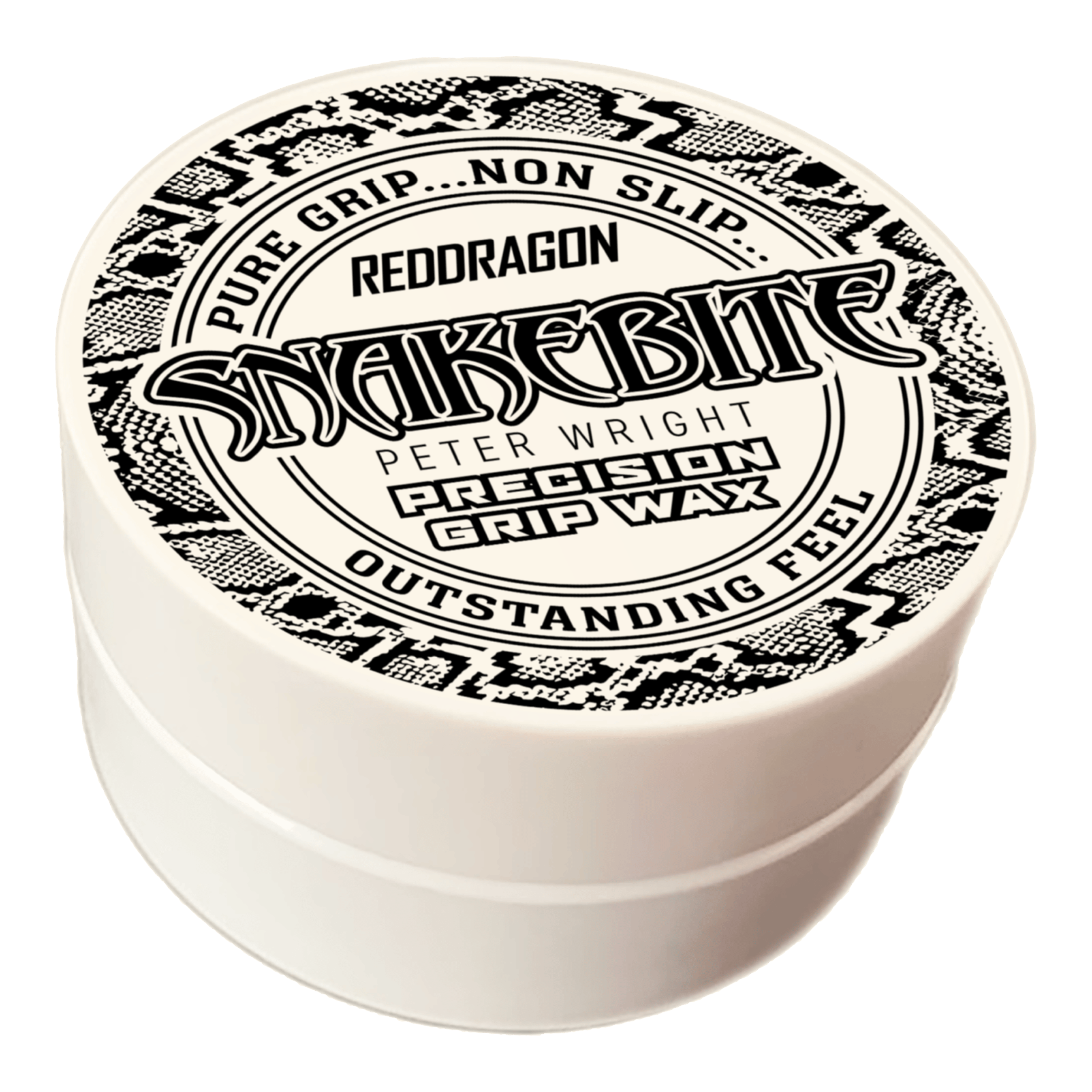 Red Dragon Peter Wright Snakebite Precision Grip Wax finger wax Das Bild zeigt eine runde Dose mit der Aufschrift "Red Dragon Peter Wright Snakebite Precision Grip Wax". Die Verpackung ist weiß mit einem schwarz-weißen Schlangenmuster und betont den festen, griffsicheren Halt.