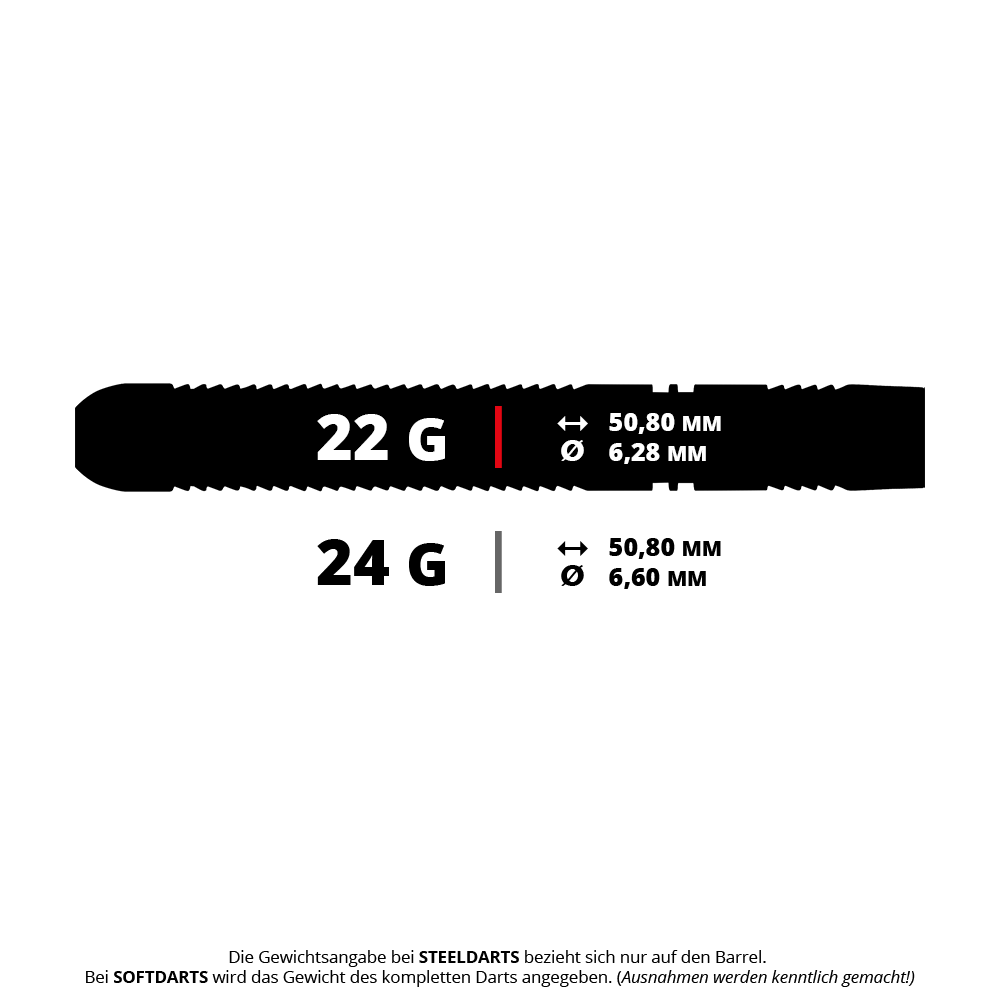 Winmau Callisto 01 Steeldarts Das Bild zeigt die technischen Daten der Winmau Callisto Steeldarts mit 22 g und 24 g Gewicht. Es sind die Länge und der Durchmesser der Darts angegeben: 50,80 mm Länge und 6,28 mm bzw. 6,60 mm Durchmesser.