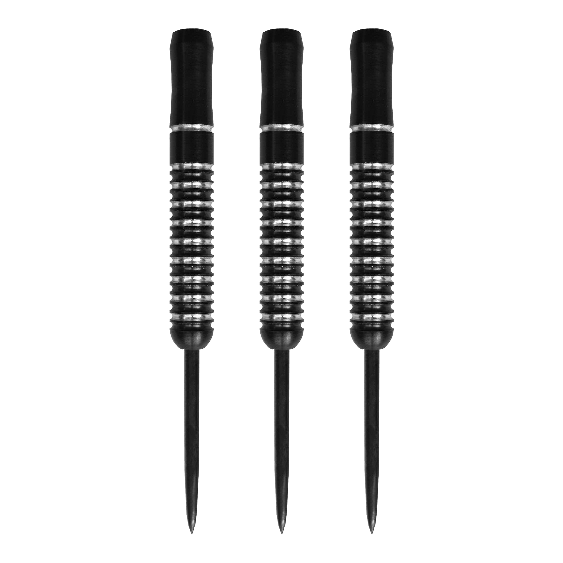 McDart Void Steeldart Barrels - 23g Auf dem Bild sind drei McDart Void Steeldart Barrels mit einem Gewicht von 23g zu sehen. Die Darts sind schwarz mit silbernen Rillen und haben eine schlichte, moderne Optik.