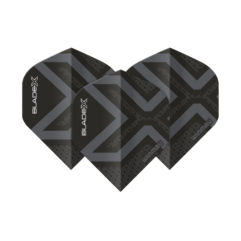 Abgebildet ist ein Winmau Prism Delta Blade X Metallic Black No2 Standard Flight. Das Produkt erscheint in schwarzer Metallic-Farbe.