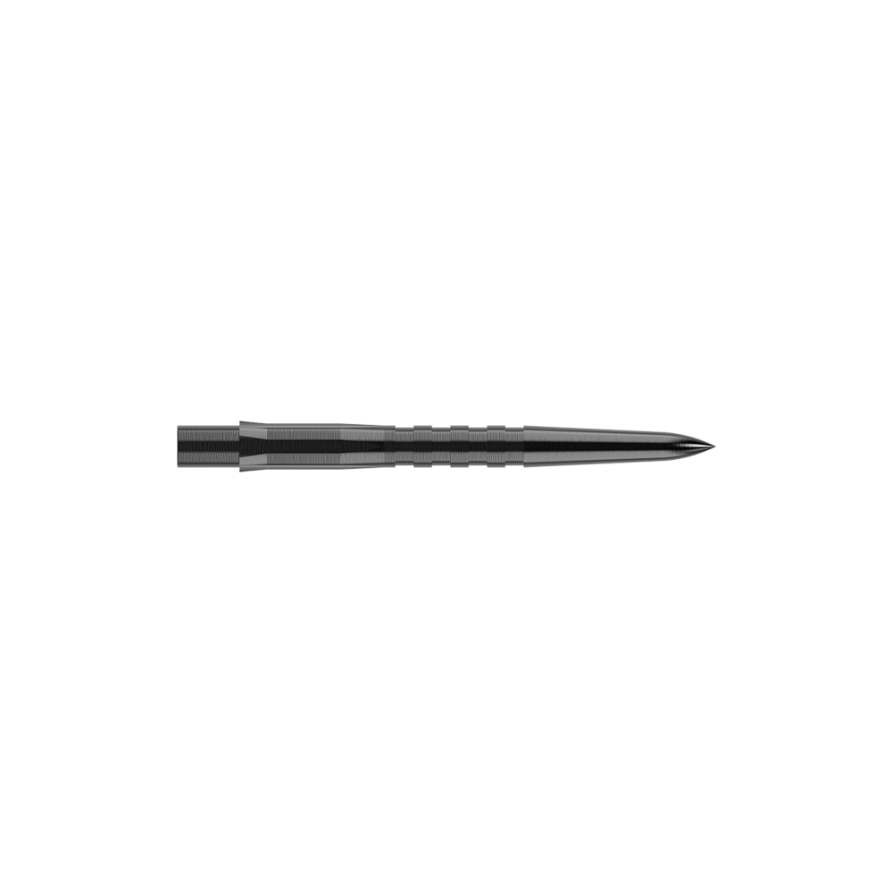 Mission Caliburn EVO Dart Tips - Grooved - Black Das Bild zeigt eine schwarze, gerillte Steeldartspitze. Sie ist schmal, lang und hat eine spitze Vorderseite.