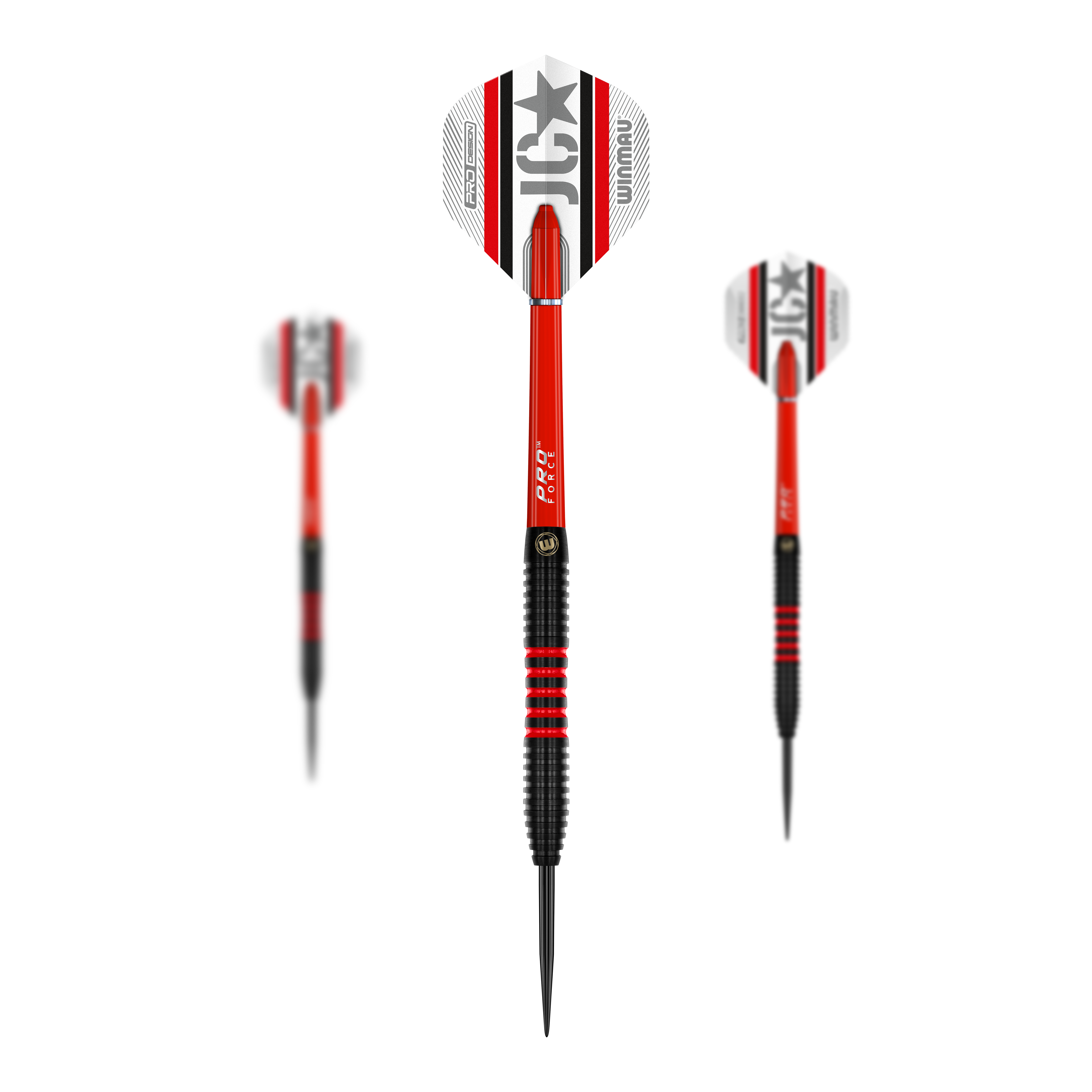 Winmau Joe Cullen 85 Pro-Series steel darts Das Bild zeigt drei Winmau Joe Cullen 85 Pro-Series Steeldarts. Die Darts sind rot, schwarz und weiß gestaltet und haben das Logo sowie den Namen auf den Flights.