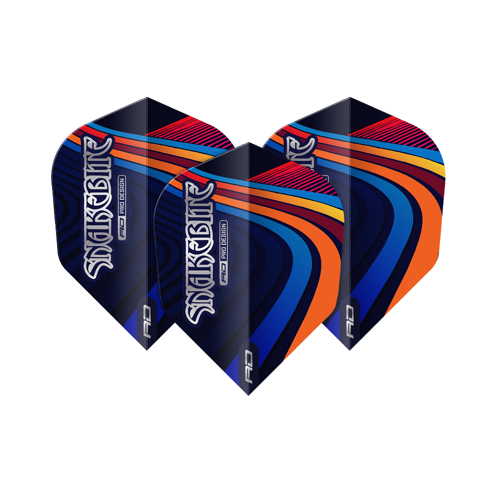 Red Dragon Peter Wright Snakebite Multi Swirl No6 Flights Das Bild zeigt drei bunte Dart-Flights mit dem Schriftzug "Snakebite". Die Flights haben ein auffälliges Muster in Blau, Orange, Rot und Gelb.