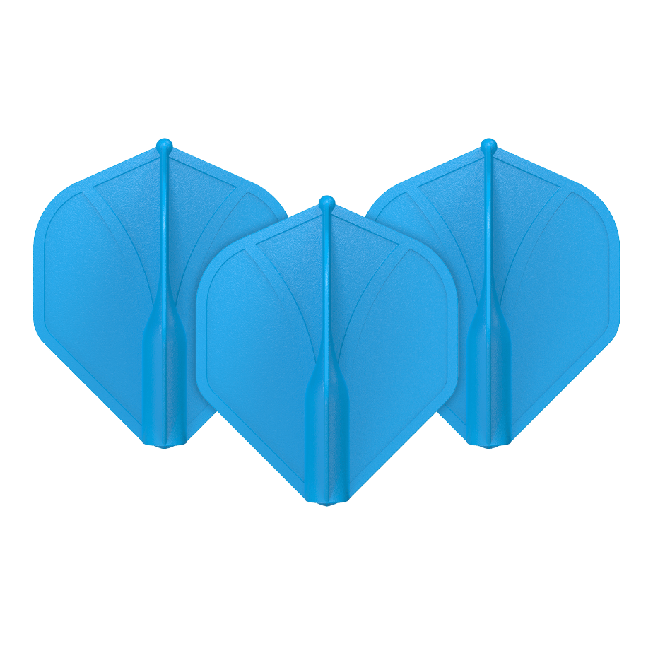 Shot Airfoil Molded No2 Standard Flights Auf dem Bild sind drei blaue Dart-Flights zu sehen. Sie haben eine geformte, stabile Struktur und sind nebeneinander angeordnet.