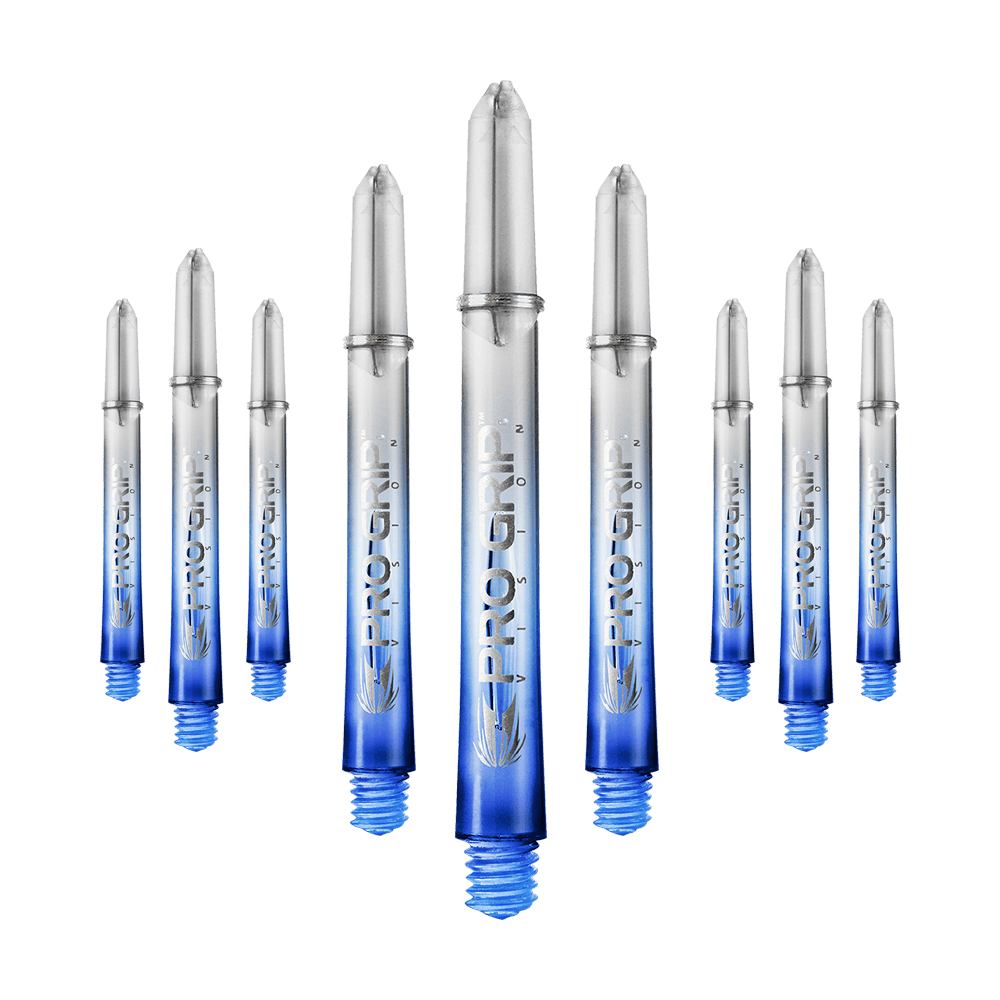 Target Pro Grip Vision Shafts - 3 Sets - Blue Das Bild zeigt neun transparente Dartschäfte mit blauem unteren Ende. Auf den Schäften steht "Pro Grip" geschrieben.