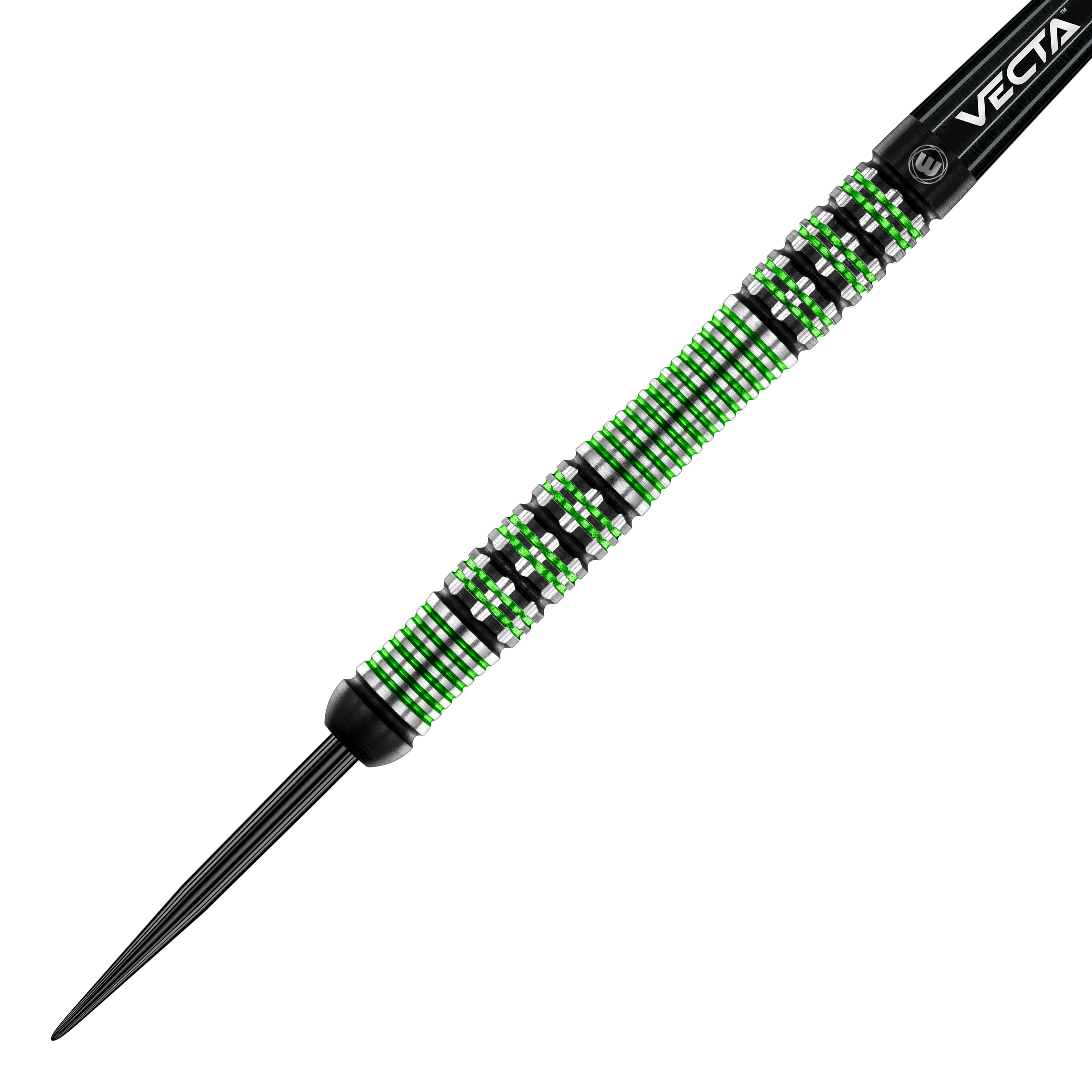 Winmau Brendan Dolan steel darts Das Bild zeigt einen Winmau Brendan Dolan Steeldart. Der Dartpfeil hat ein auffälliges Design mit grünen und silbernen Ringen am Barrel.