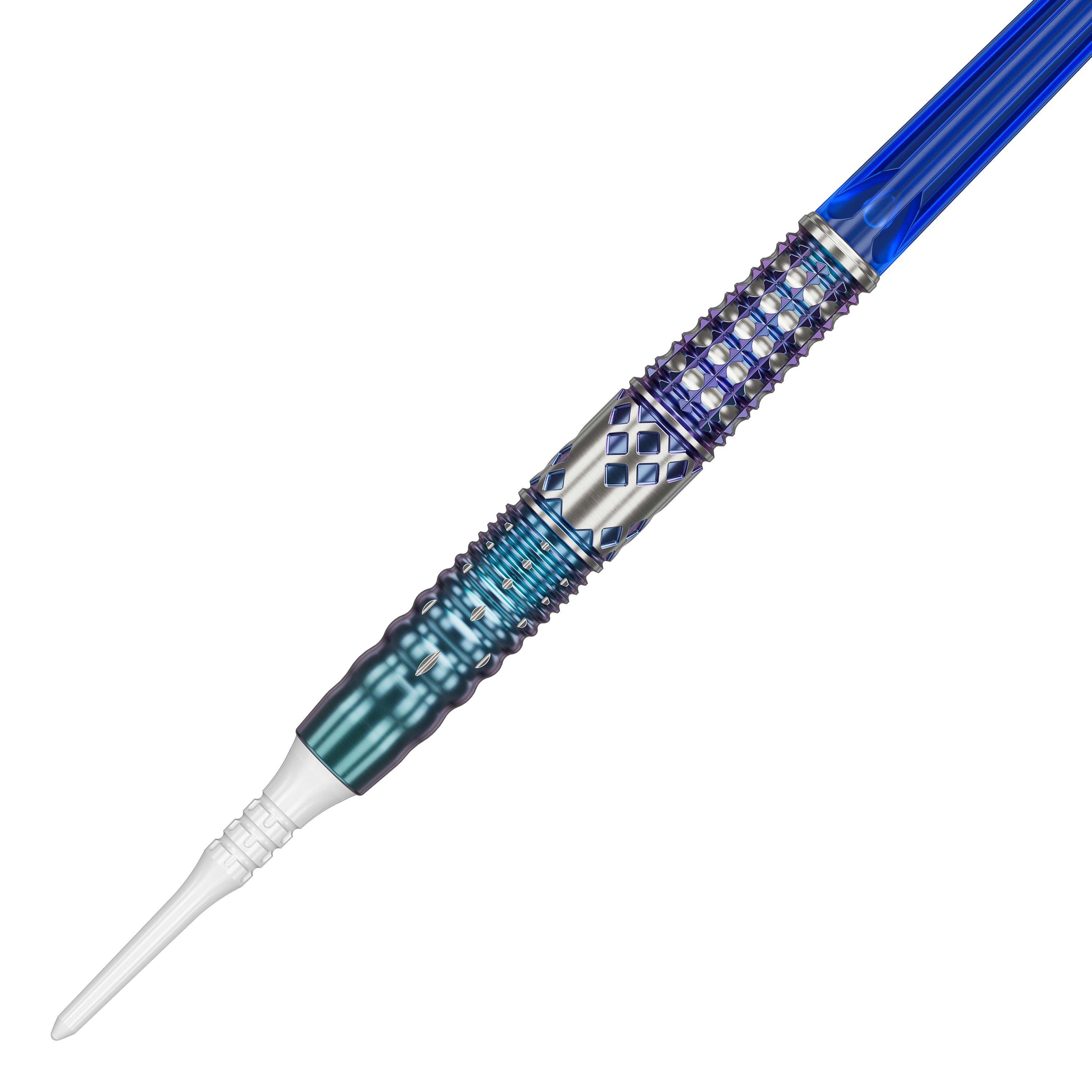 Dies ist ein Softdart namens "Target Japan Cathy Leung Charis GEN5 Softdarts - 19g". Er hat ein auffälliges Design mit blauen und silbernen Akzenten sowie strukturierter Oberfläche.