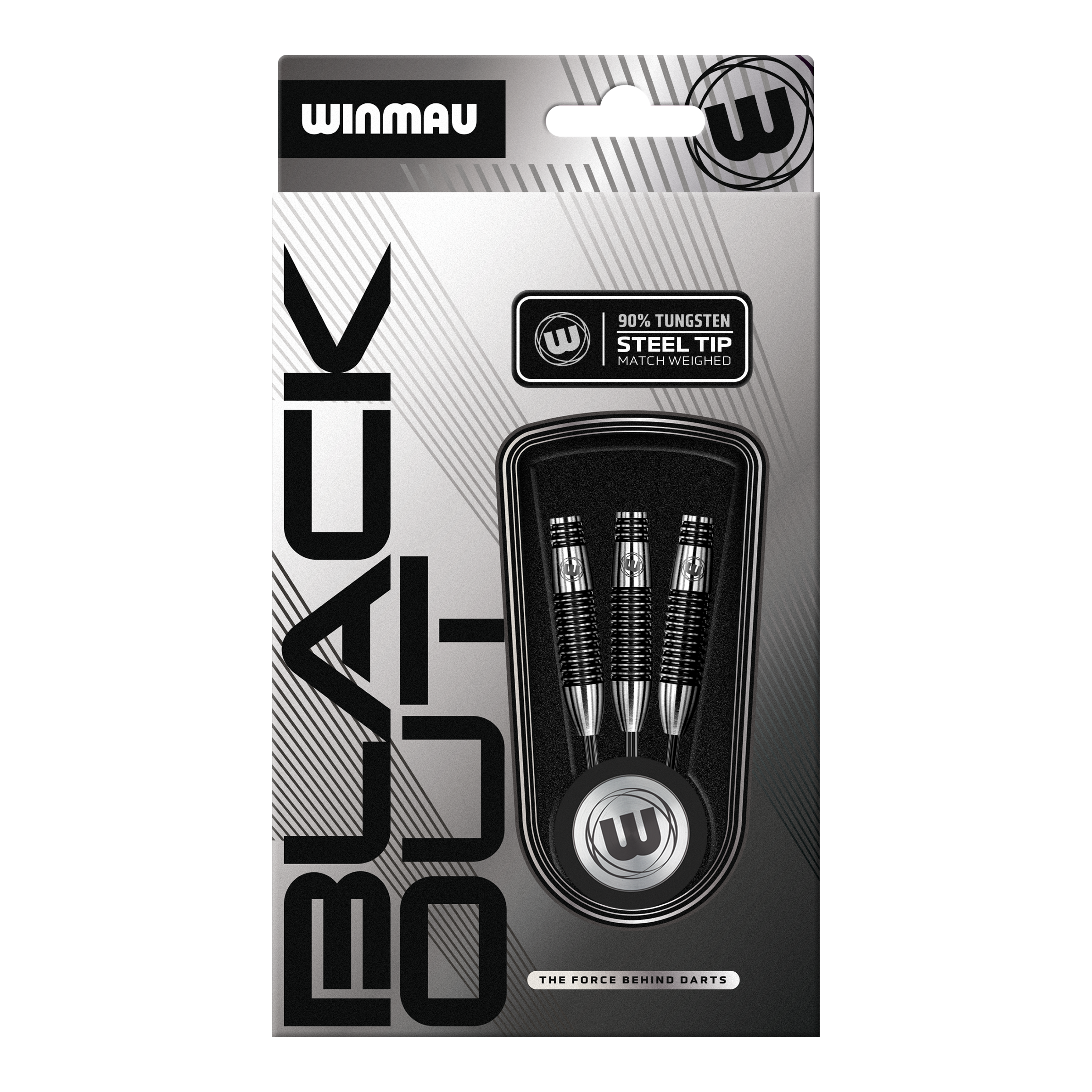 Gezeigt werden die Winmau Blackout Variante 2 Steeldarts. Diese aus Tungsten bestehenden Steeldarts sind für ambitionierte Dartspieler geeignet.