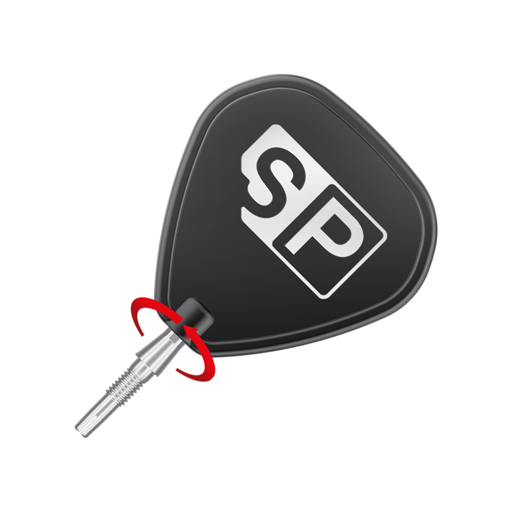 Target Swiss Storm Onyx Point Dart Tips - Silver Das Bild zeigt eine silberne Dartspitze des Produkts "Target Swiss Storm Onyx Point". Die Dartspitze ist an einem schwarzen Dartflügel mit der Aufschrift "SP" befestigt.