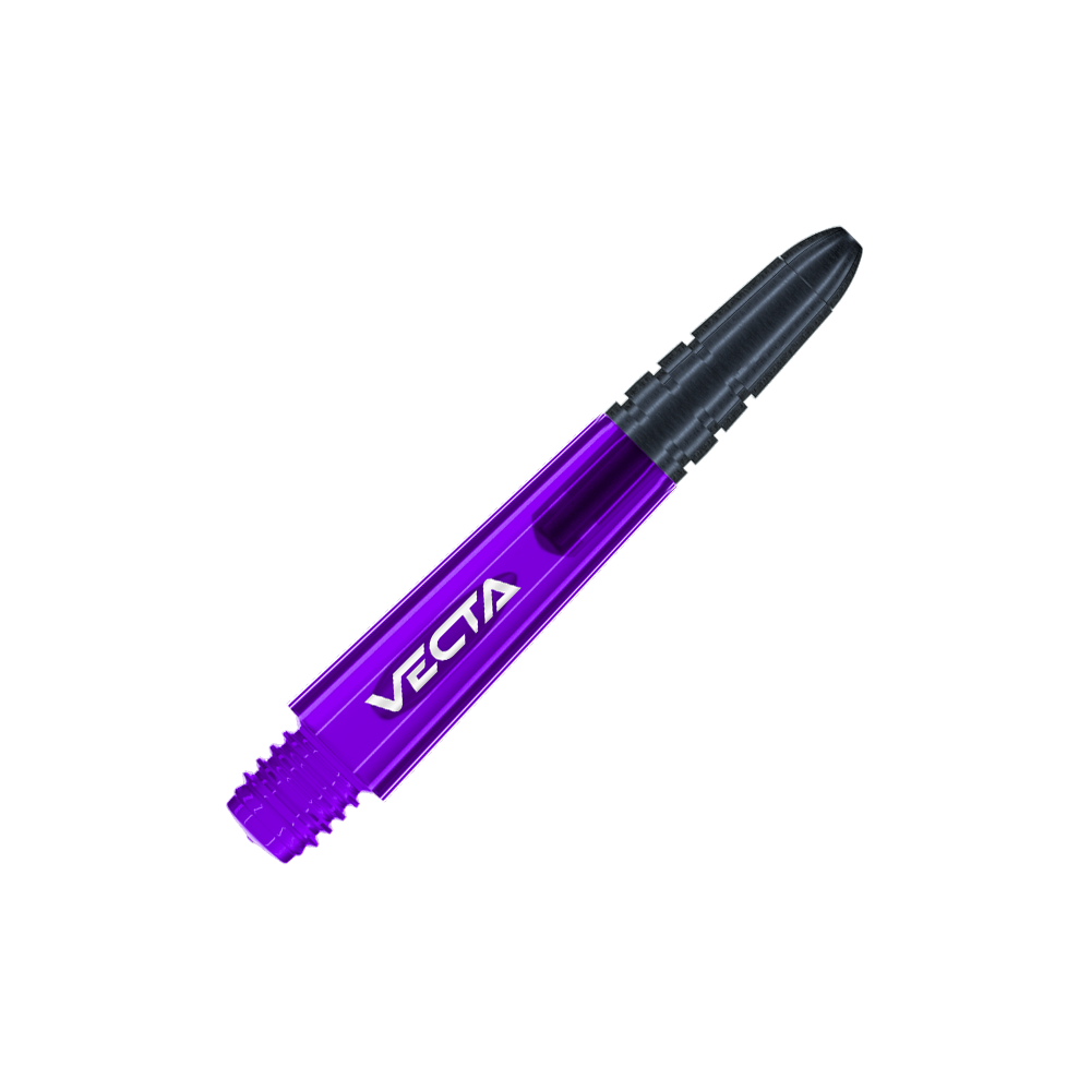 Winmau Vecta Shafts - Purple Black Dies ist ein lila und schwarzer Dart-Shaft mit der Aufschrift "VECTA". Der Shaft hat ein modernes, sportliches Design und misst 34 mm.
