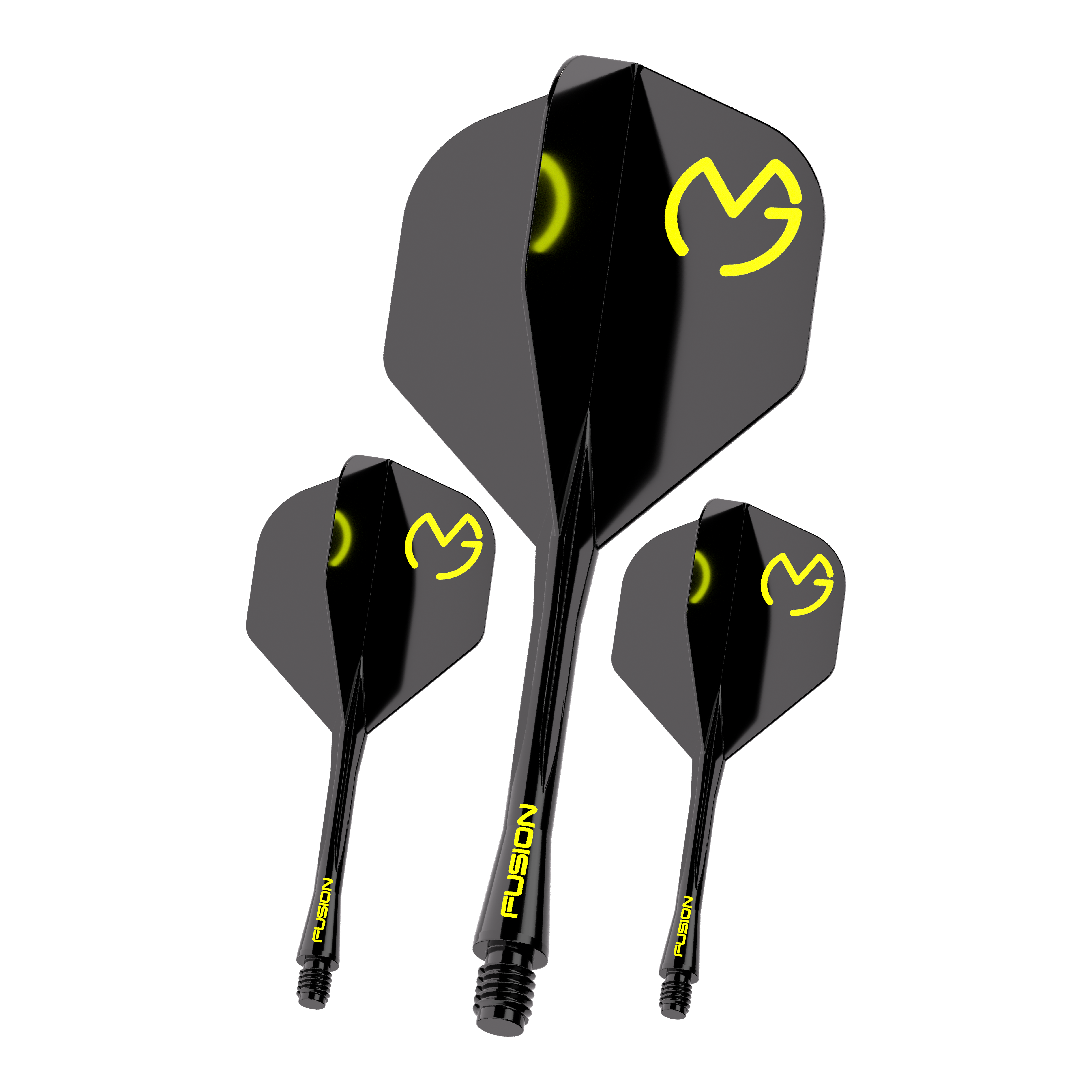 Winmau Fusion Flight Shaft System Michael Van Gerwen Pacman No2 Standard Das Bild zeigt drei schwarze Dartflights mit gelbem "MVG"-Logo und der Aufschrift "FUSION" auf den Schäften. Es handelt sich um das Produkt "Winmau Fusion Flight-Shaft-System Michael Van Gerwen Pacman No2 Standard".