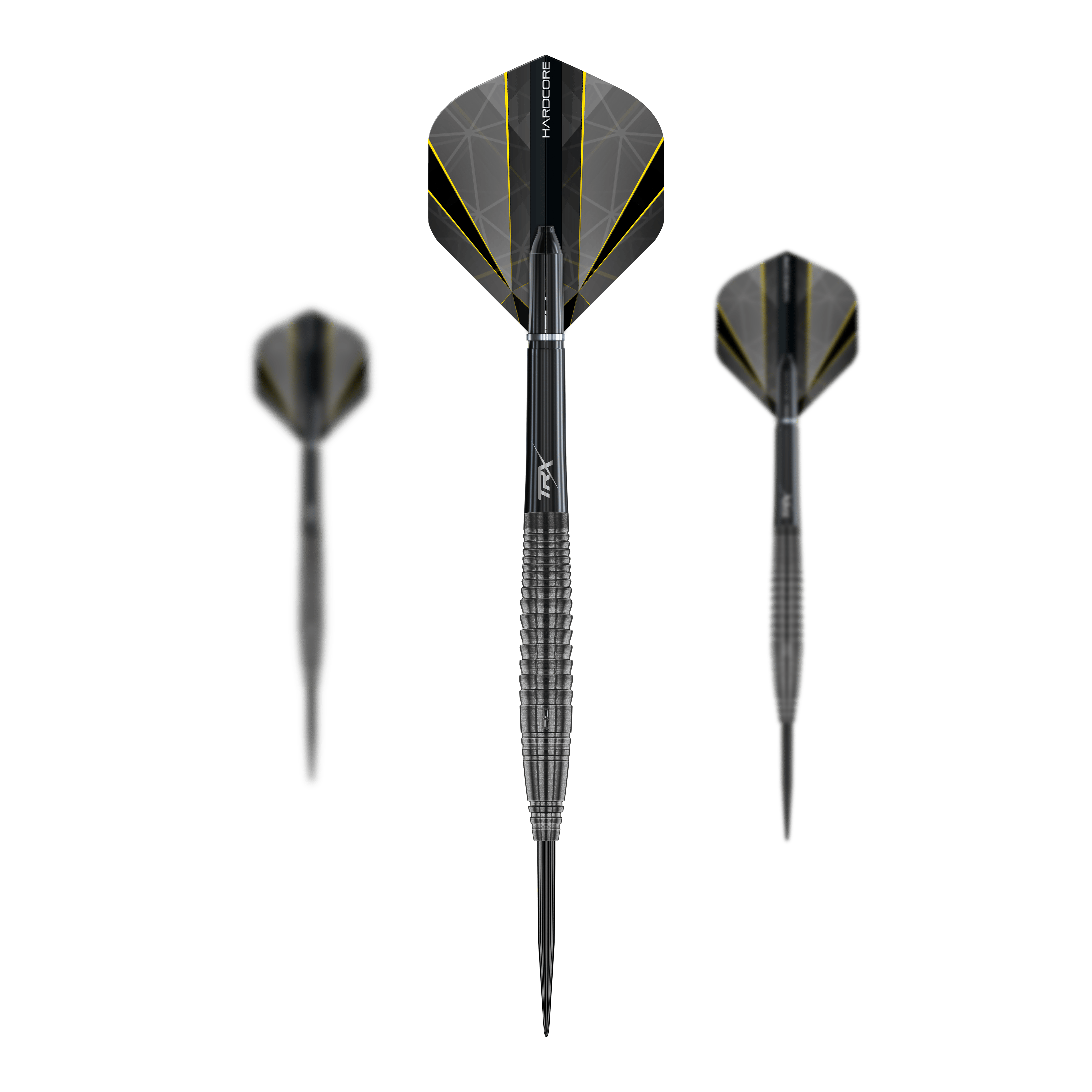 Red Dragon Seren 4 Onyx Steeldarts Das Bild zeigt drei schwarze Steeldarts mit gelben Akzenten und dem Namen „Red Dragon Seren 4 Onyx“. Die Pfeile haben strukturierte Griffe und moderne Flights.