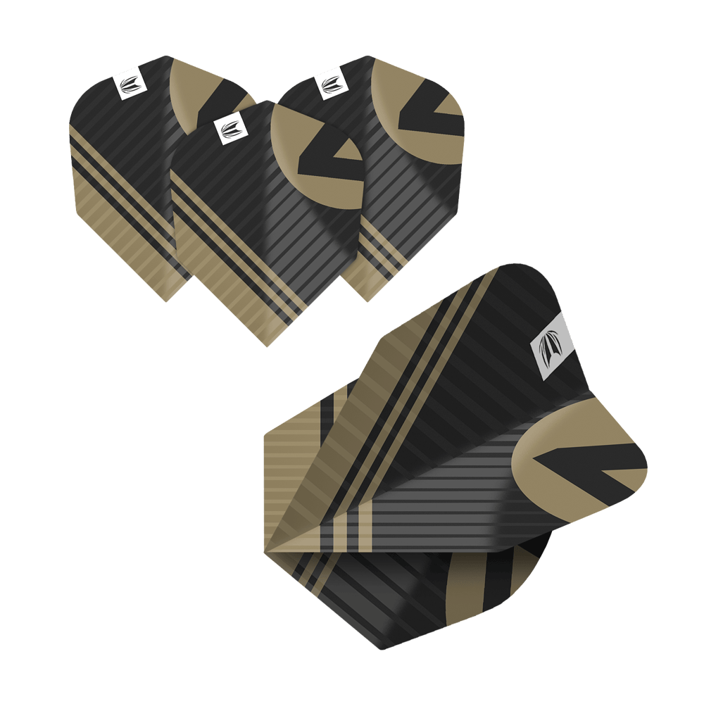 337205_Target_ProUltra_5Sets_Multipack_Chicane_No6_Flights_6Yvb1hKSPJGoUs Das Bild zeigt fünf Sätze Target Pro Ultra Chicane No6 Flights. Die Flights sind schwarz und gold mit einem modernen, gestreiften Design.
