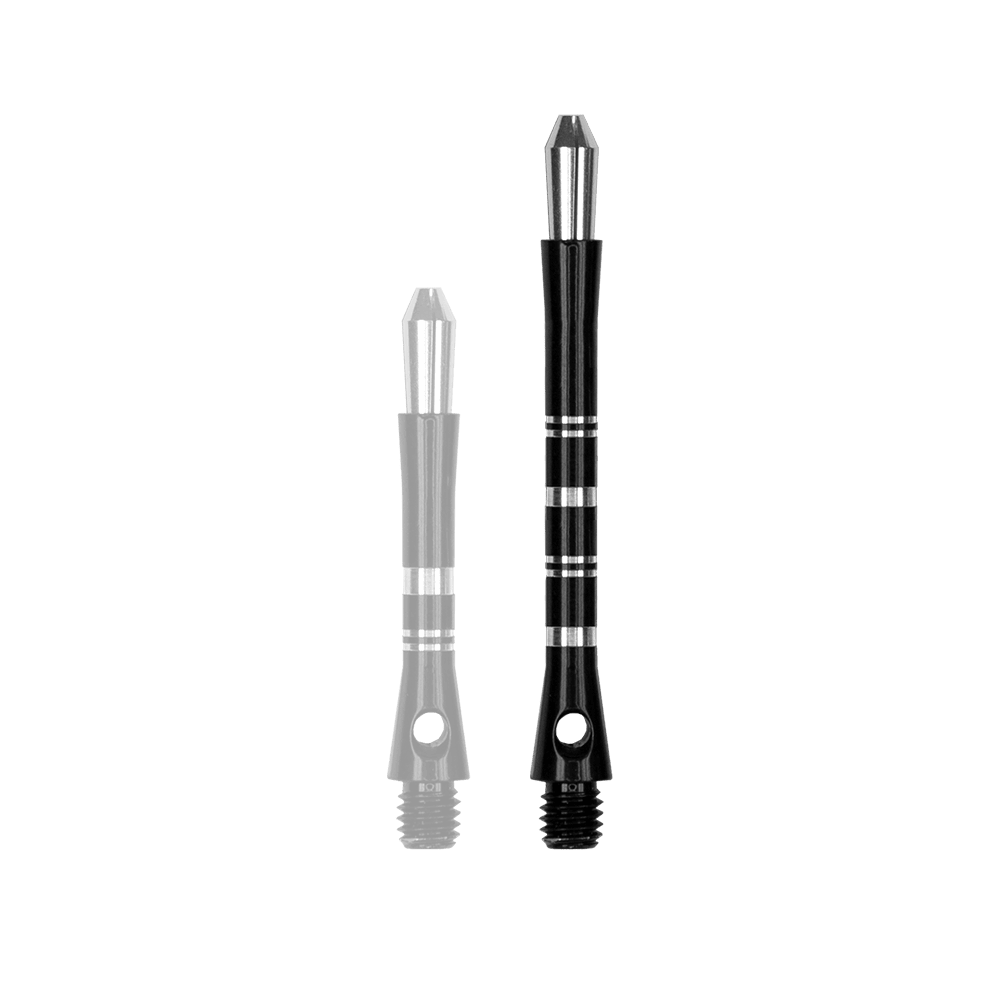 561_Target_Colette_Shafts_Schwarz_47mm_1jGH4hlLAHFKNa Das Bild zeigt zwei schwarze Harrows Colette Shafts in unterschiedlicher Länge. Sie besitzen silberne Akzente und ein Gewinde am unteren Ende.