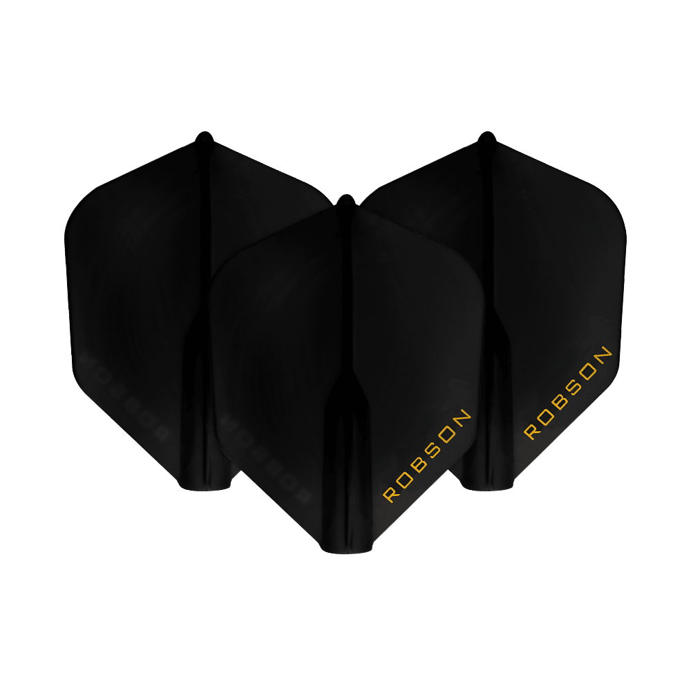 Robson Plus Flights - NO6 Das Bild zeigt drei schwarze Dart-Flights mit der Aufschrift "ROBSON" in gelber Schrift. Sie sind nebeneinander angeordnet und heben sich vor einem weißen Hintergrund ab.