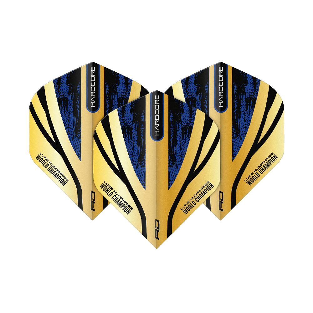Red Dragon Hardcore Premium Luke Humphries Gold Standard Flights Das Bild zeigt drei Dart-Flights mit einem gold-schwarzen und blauen Design. Auf den Flights steht "Luke Humphries World Champion" sowie "Hardcore".