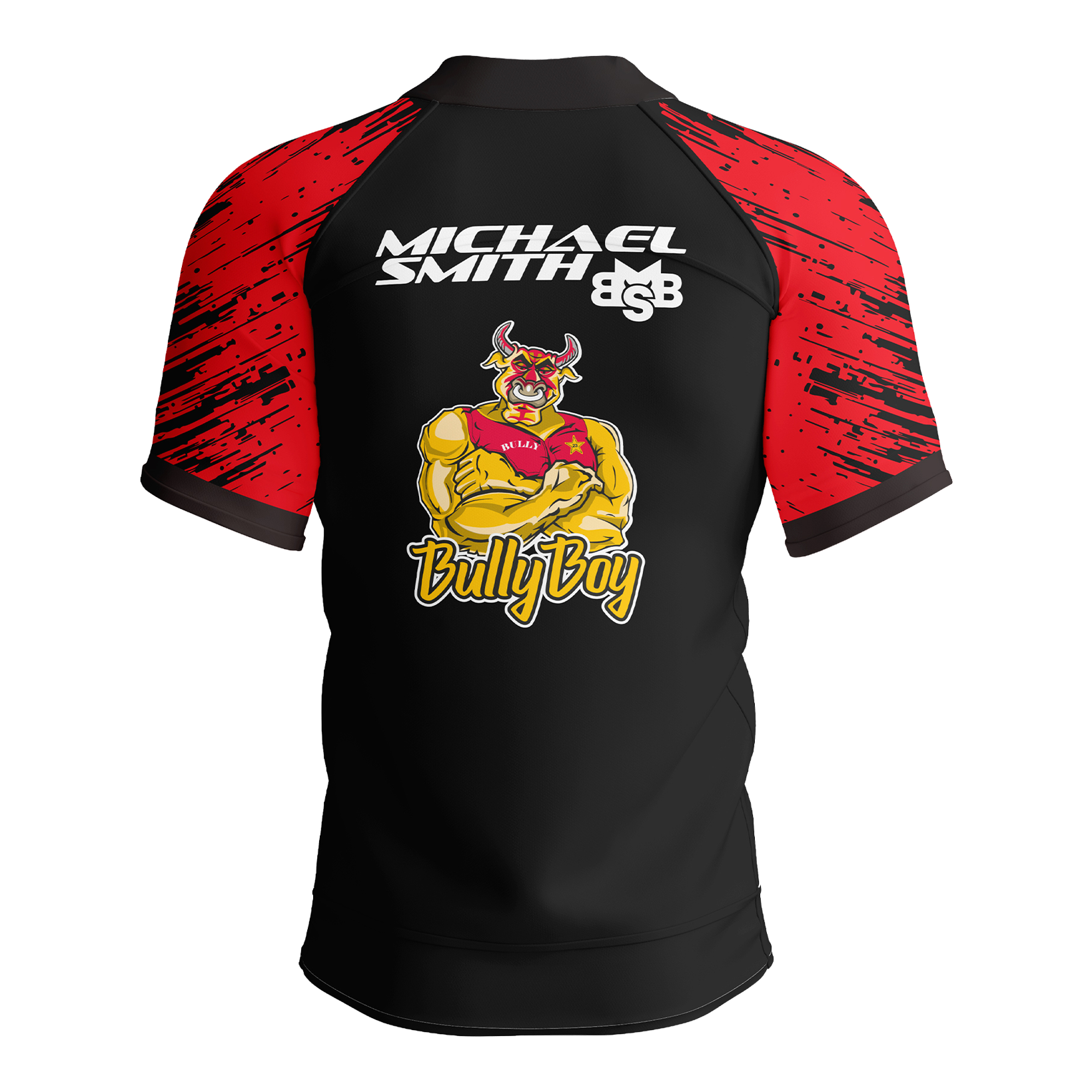 Shot Michael Smith Red Stripe Polo Dart Shirt Das Bild zeigt das Shot Michael Smith Red Strip Polo Dartshirt. Dieses Dartshirt ist speziell für Fans von Michael Smith entworfen.