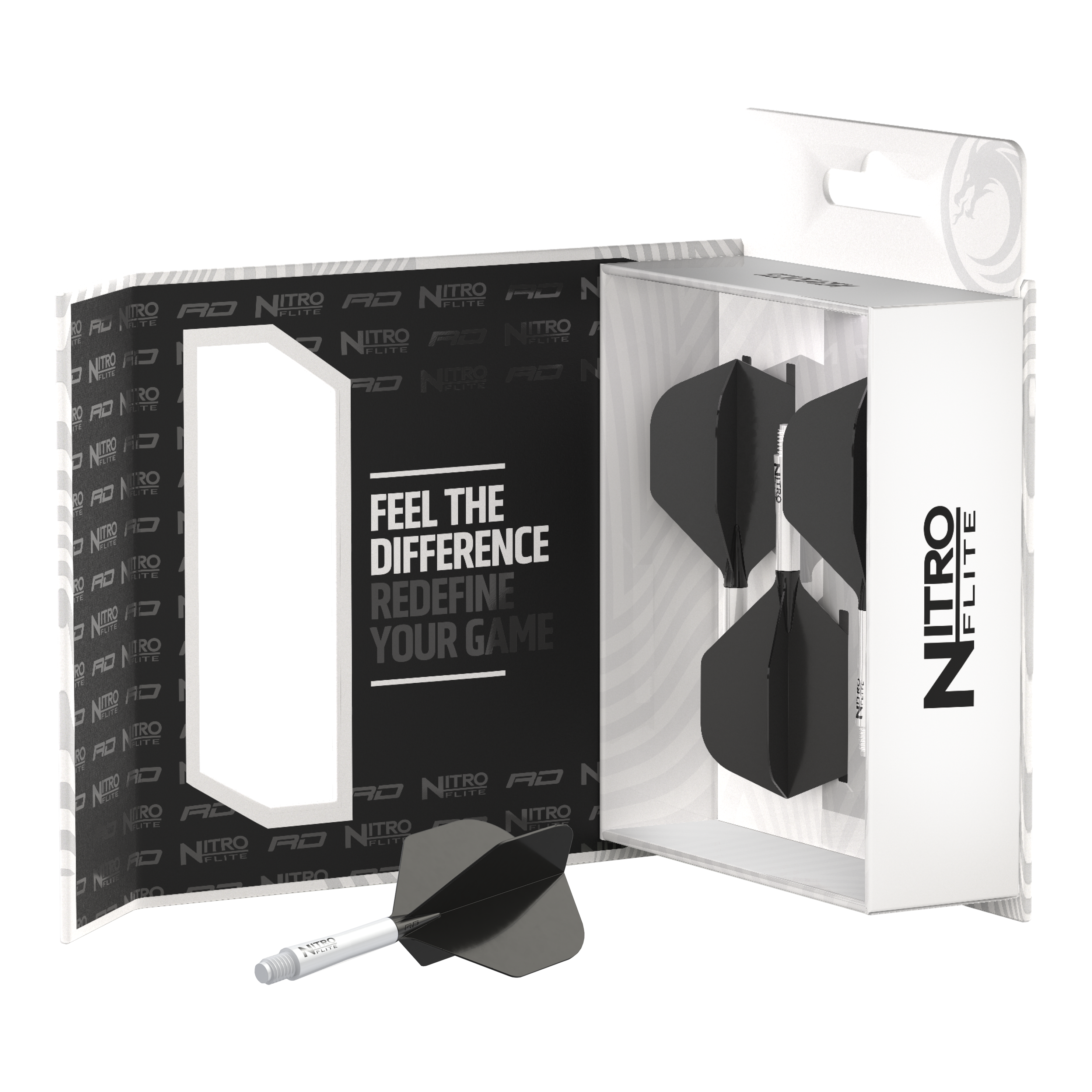 Das Bild zeigt die Verpackung des Produkts "Red Dragon Nitroflite - White Shaft Black No2 Flights". Im Inneren sind mehrere weiße Dartschäfte mit schwarzen Flights zu sehen.