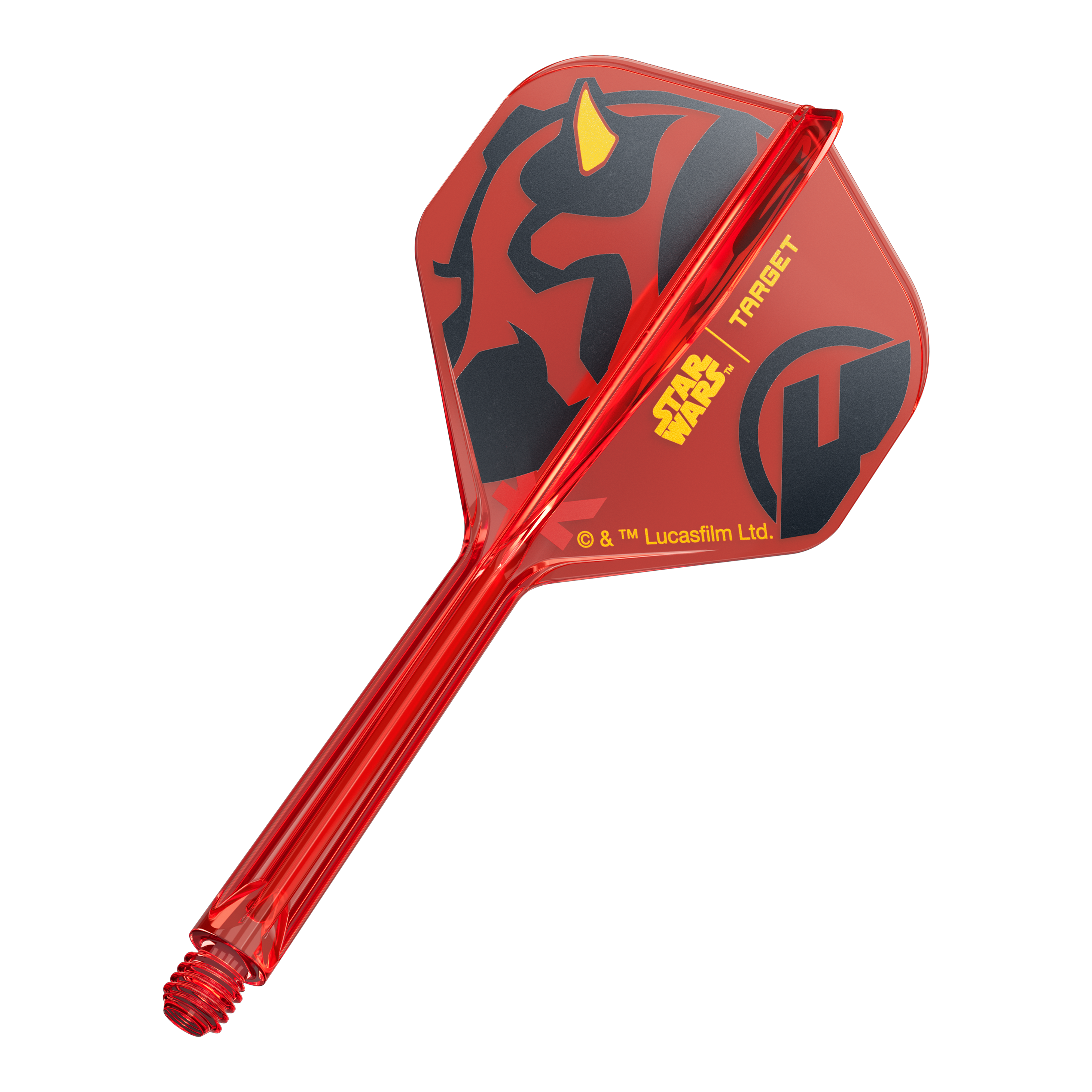 Ein Dart-Flight aus der Star Wars KFlex Darth Maul No2 Serie ist abgebildet. Das Produkt hat eine mittlere Länge von 33 mm.