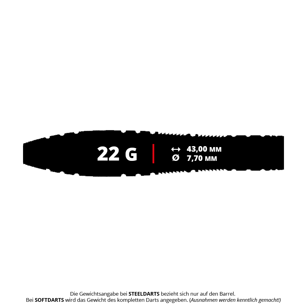 Caliburn Wolfpack W2 steel darts - 22g Das Bild zeigt den Caliburn Wolfpack W2 Steeldart mit einem Gewicht von 22 Gramm. Die Länge beträgt 43,00 mm und der Durchmesser 7,70 mm.