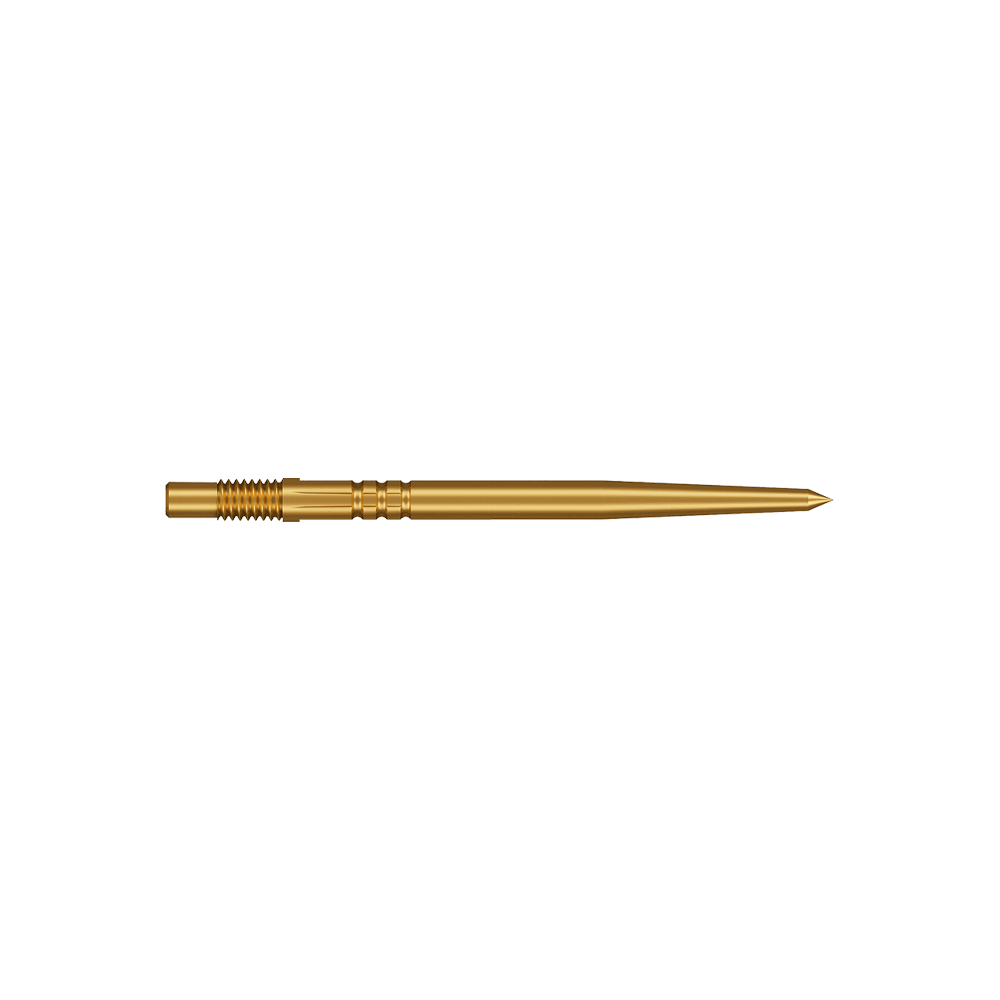 Shot Turbo Point Dart Tips - Gold Abgebildet sind zwei kurze Dartspitzen in goldener Farbe. Die Spitzen sind robust und glänzend.