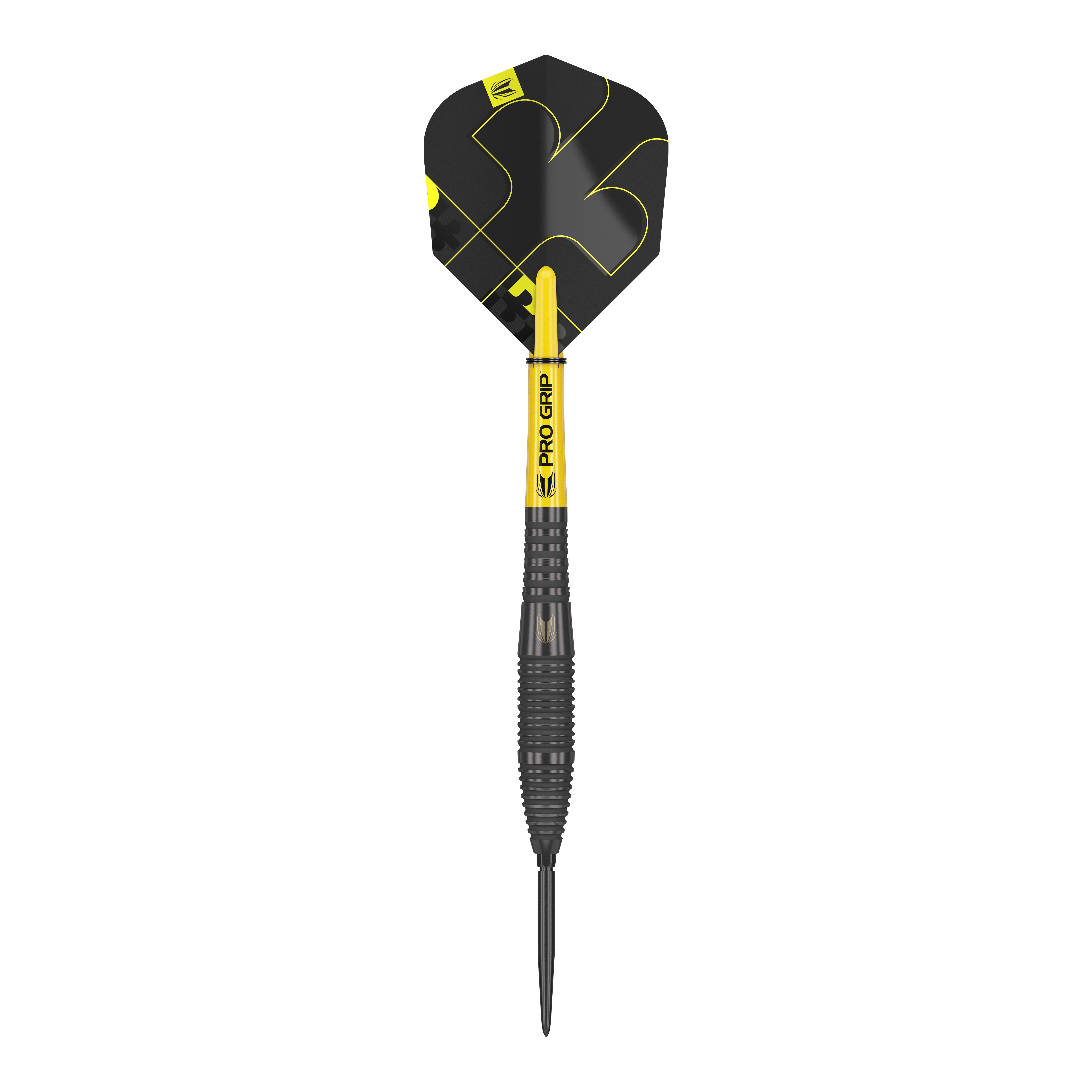 Target Bolide Void 05 Swiss Point steel darts Das Bild zeigt einen Target Bolide Void 05 Swiss Point Steeldart. Der Dartpfeil ist überwiegend schwarz mit gelben Akzenten und hat eine strukturierte Griffzone.