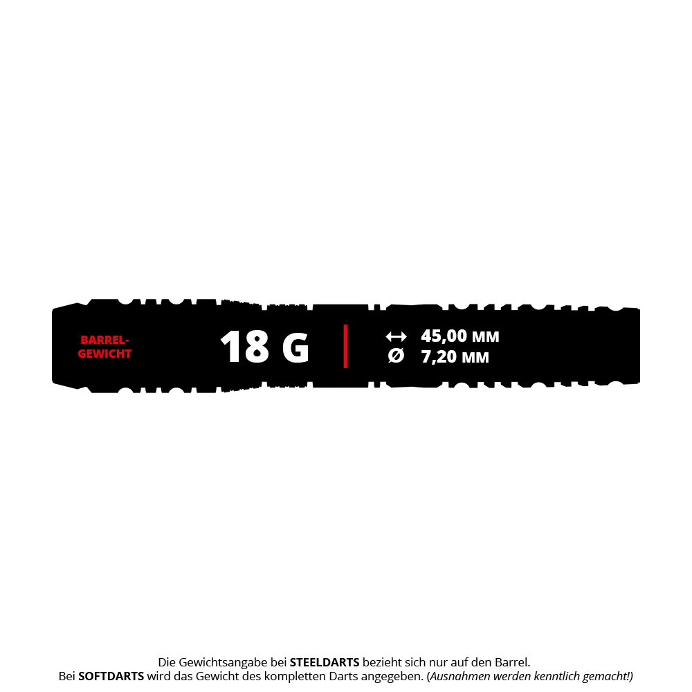 Das Bild zeigt die Produktinformationen zu den "Target Japan Black Marque Dragon 3 Softdarts - 18g". Die Darts haben ein Gewicht von 18 Gramm, eine Länge von 45,00 mm und einen Durchmesser von 7,20 mm.