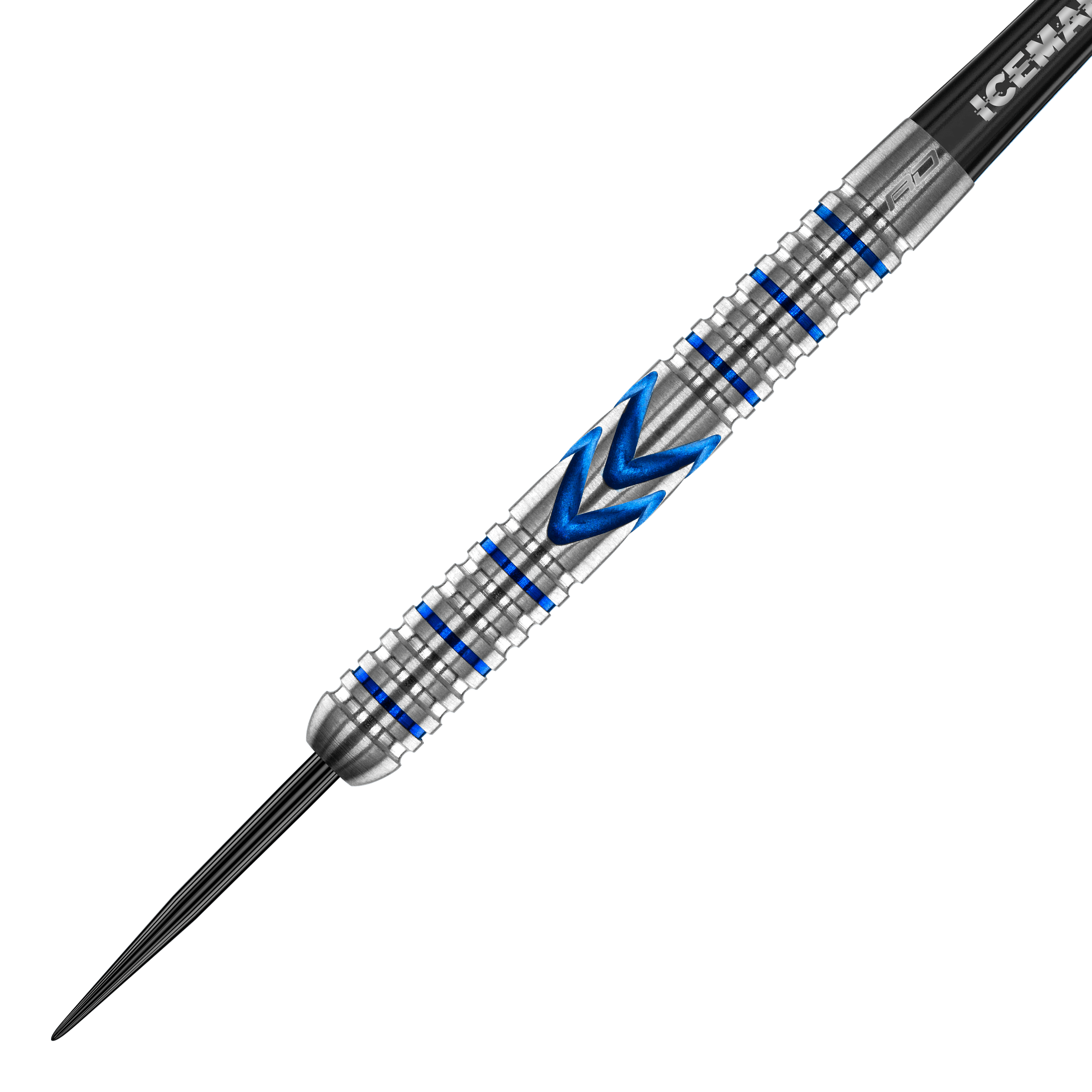 Red Dragon Gerwyn Price Iceman Midnight Edition steel darts Das Bild zeigt einen Steeldart mit silberner Oberfläche und blauen Akzenten. In der Mitte befindet sich ein markantes blaues Muster in Pfeilform.