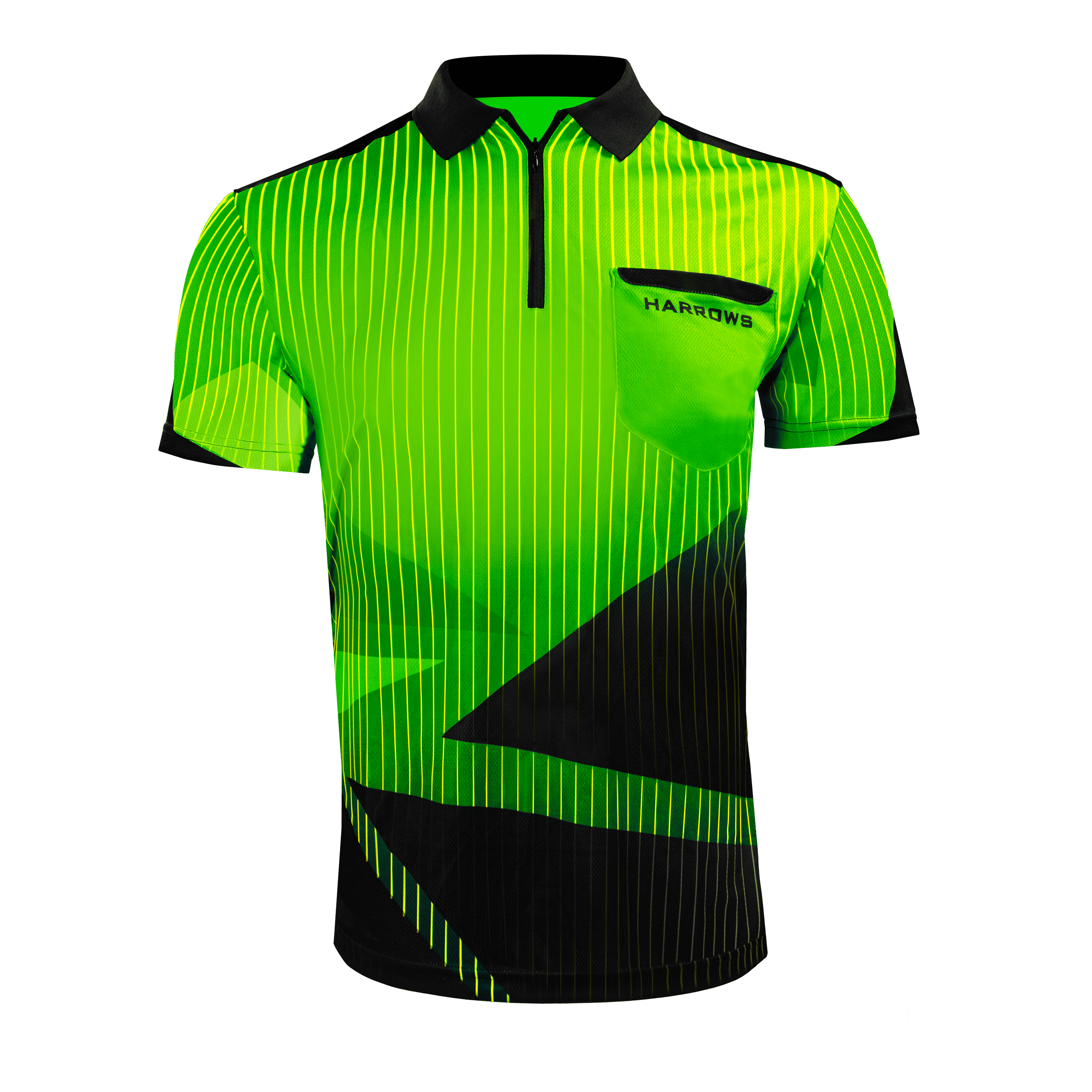 Harrows Shard Dartshirt - Grün Das Bild zeigt das grüne Harrows Shard Dartshirt mit einem modernen, auffälligen Design. Das Shirt hat dünne vertikale Streifen, einen schwarzen Kragen und eine Brusttasche mit dem Harrows-Logo.