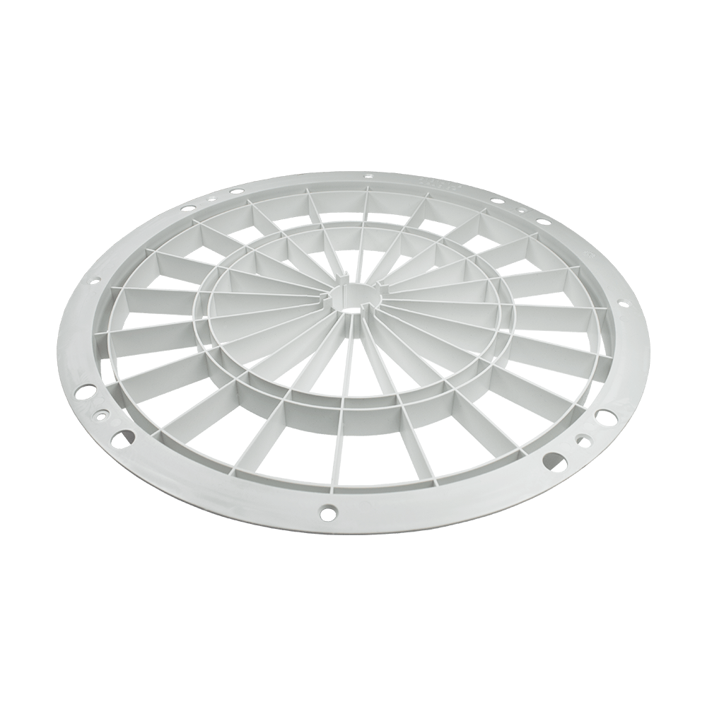 DKS01_L-wen_Dart_Original_Ersatzteile_Komplett_Set_3 Das Bild zeigt ein weißes Ersatzteil für ein elektronisches Dartboard. Es ist rund und besteht aus robustem Kunststoff mit mehreren Verstrebungen.