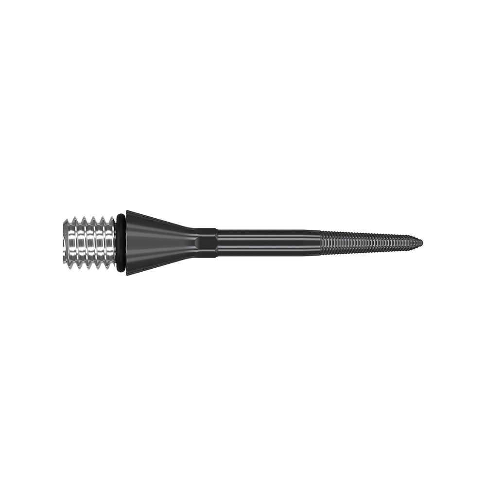 380160_Target_Titanium_Swiss_Point_Nano_Conversion_Points_Schwarz_26mm_2 Das Bild zeigt eine schwarze, metallische Dartspitze mit einem geriffelten Ende. Die Spitze ist lang, schmal und hat eine spitz zulaufende Form.