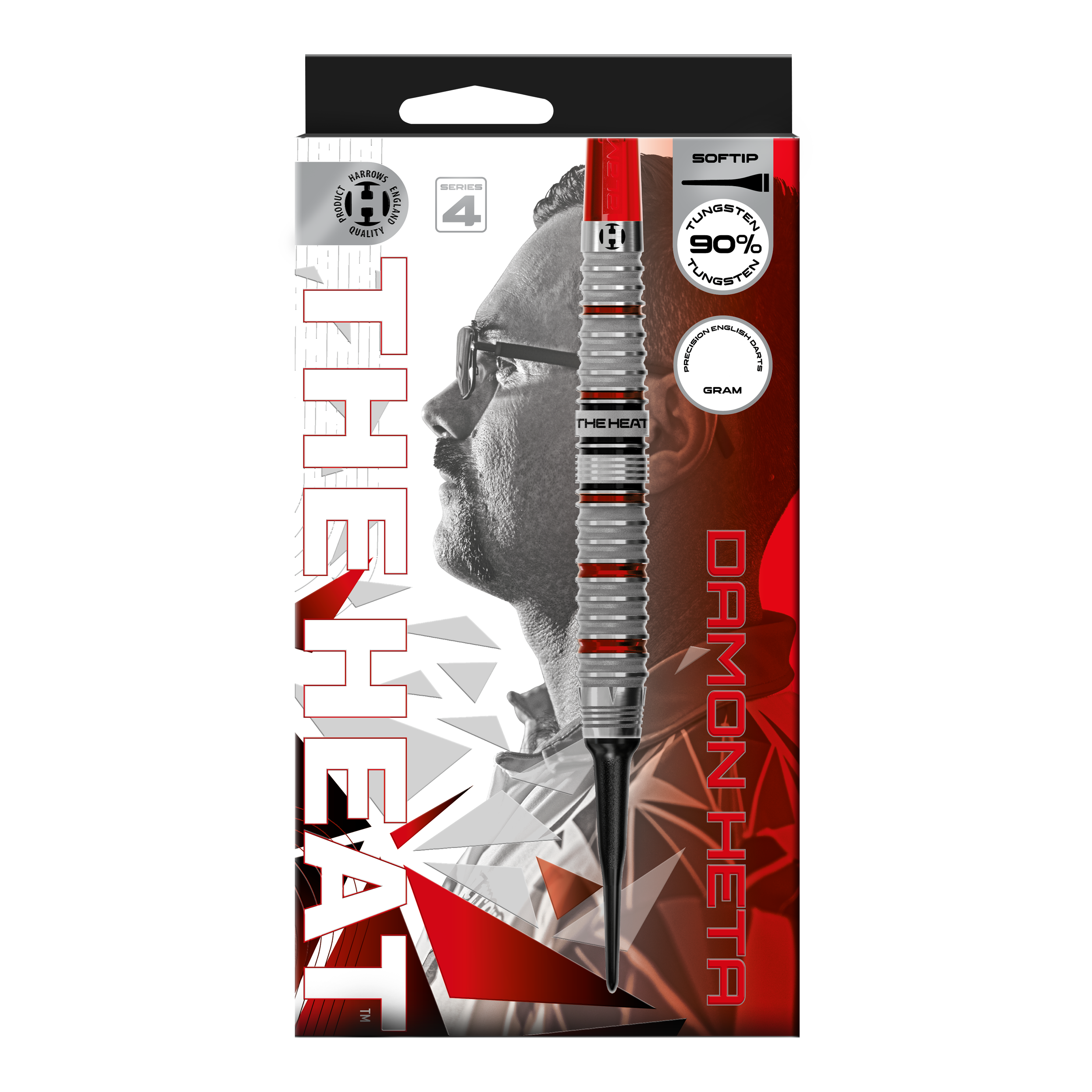 Das Bild zeigt die Harrows Damon Heta Series 4 Softdarts. Die Softdarts sind speziell für den Dartsport entwickelt.