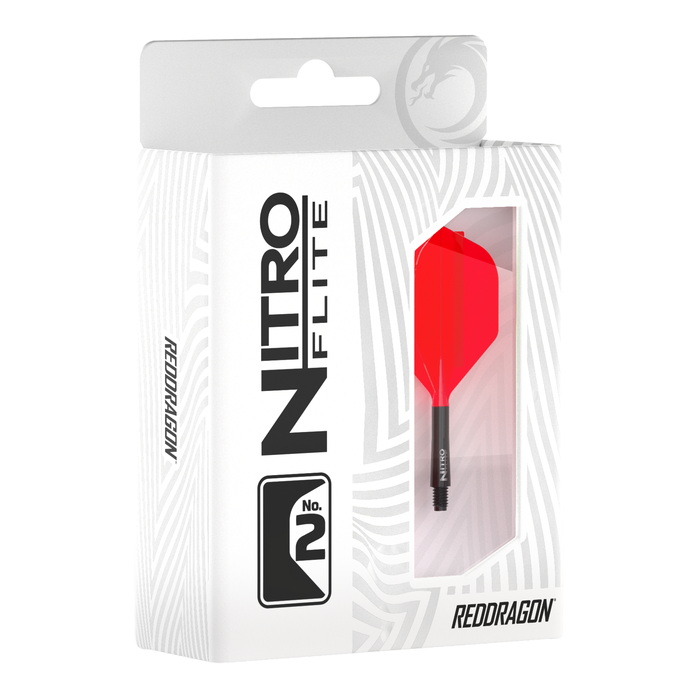Abgebildet ist das Produkt Red Dragon Nitroflite - Black Shaft Red No2 Flights. Die Flights sind für Dartpfeile geeignet und haben schwarze und rote Farben.