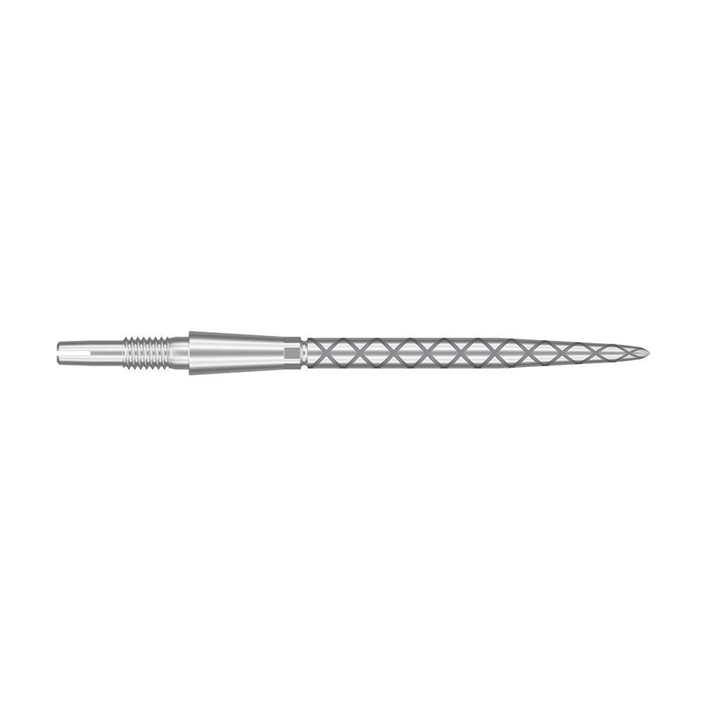 Target Swiss Storm Diamond Point Dart Tips - Silver Das Bild zeigt eine silberne Dartspitze mit einem rautenförmigen Muster. Die Spitze ist lang und schmal, mit feinen Rillen für besseren Halt.