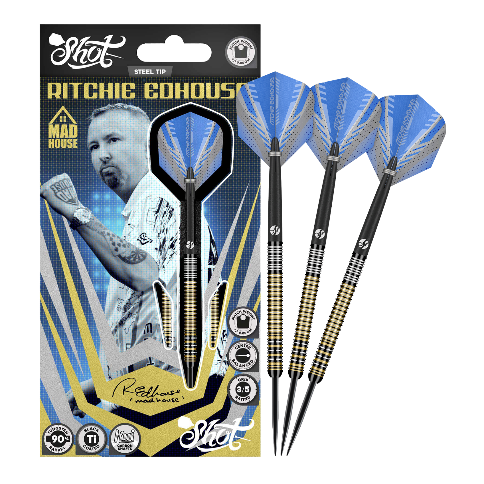 Das Bild zeigt die Shot Ritchie Edhouse Madhouse Steeldarts in voller Ansicht. Diese Darts zeichnen sich durch ihr einzigartiges Design aus.