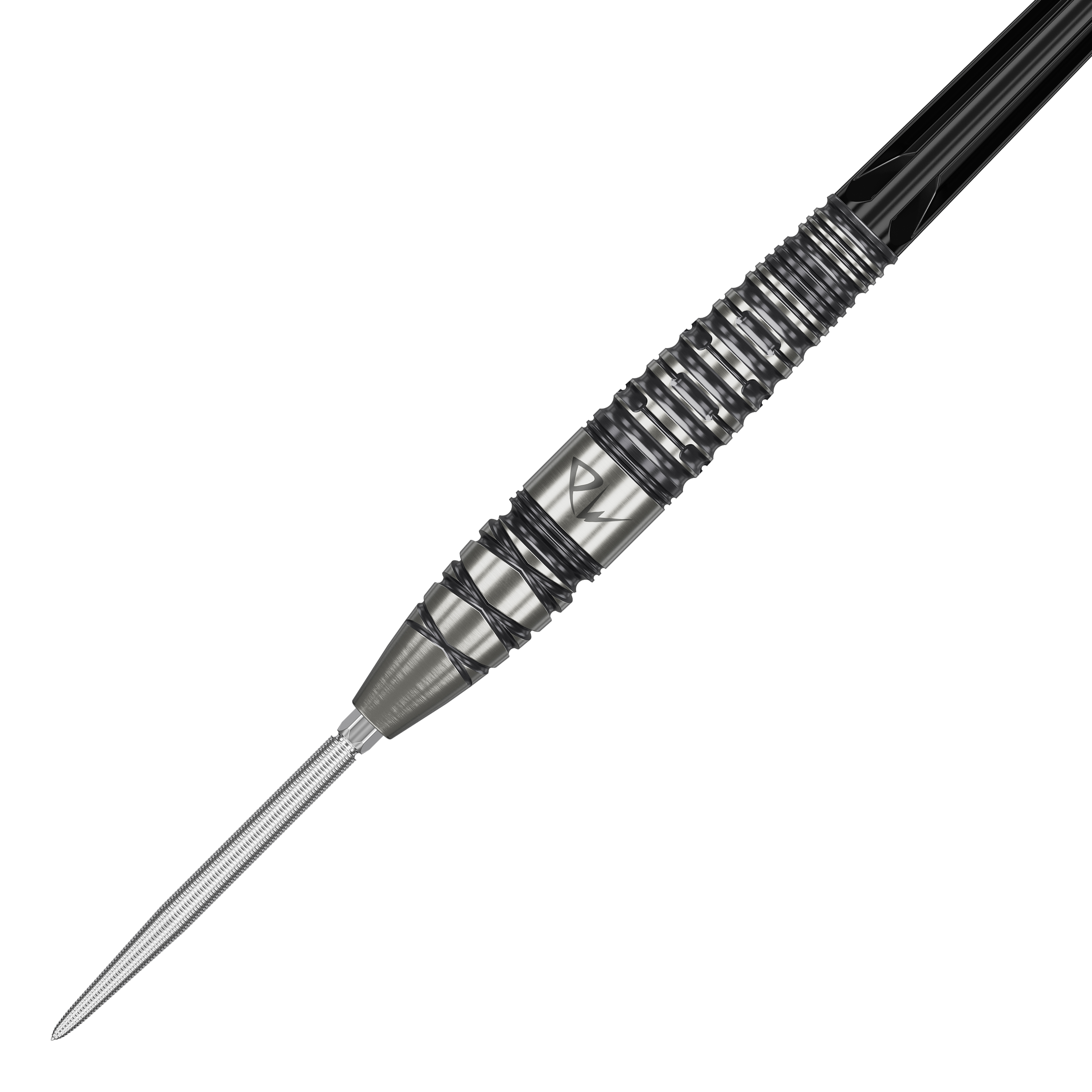 Das Bild zeigt einen Target Japan Black Marque PW 2 SP Steeldart. Der Dartpfeil hat ein silbernes und schwarzes, geriffeltes Design für besseren Halt.